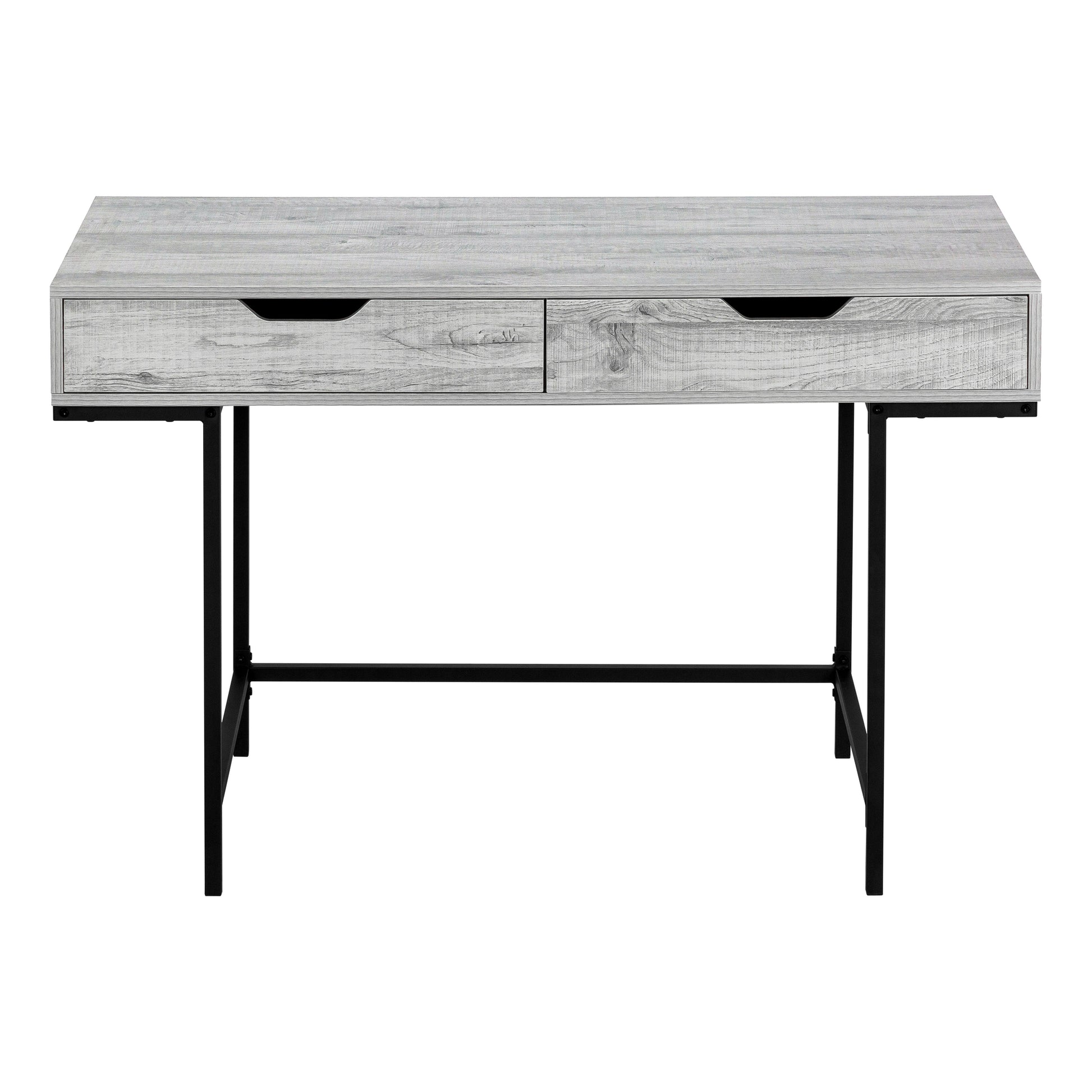 Modern grey wood desk with two drawers and black metal legs