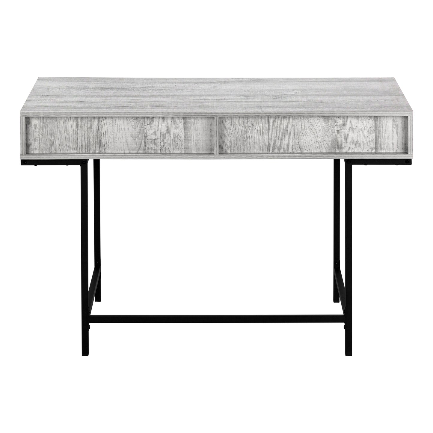 Modern grey wood finish desk with two drawers and black metal legs ideal for home office