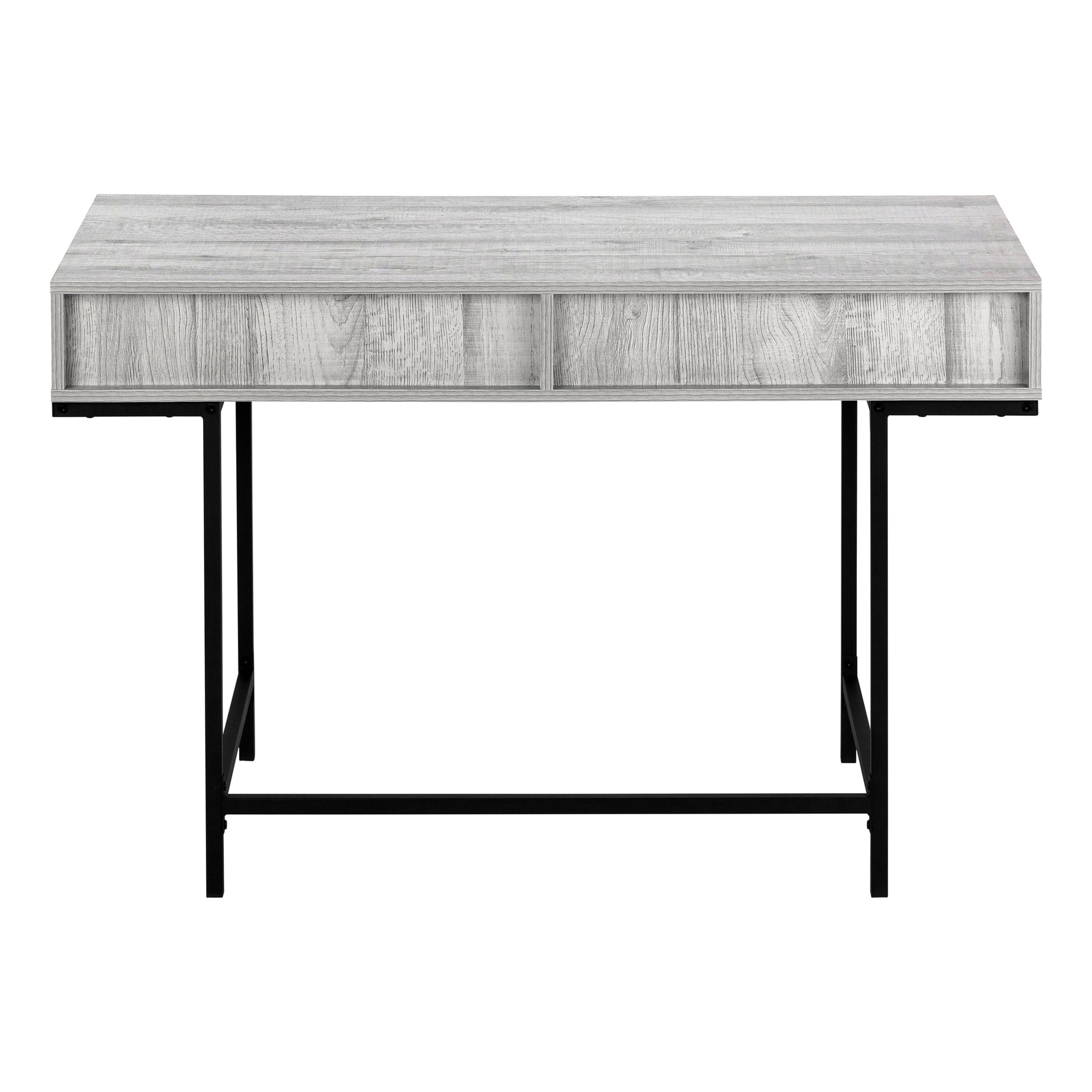 Modern grey wood finish desk with two drawers and black metal legs ideal for home office