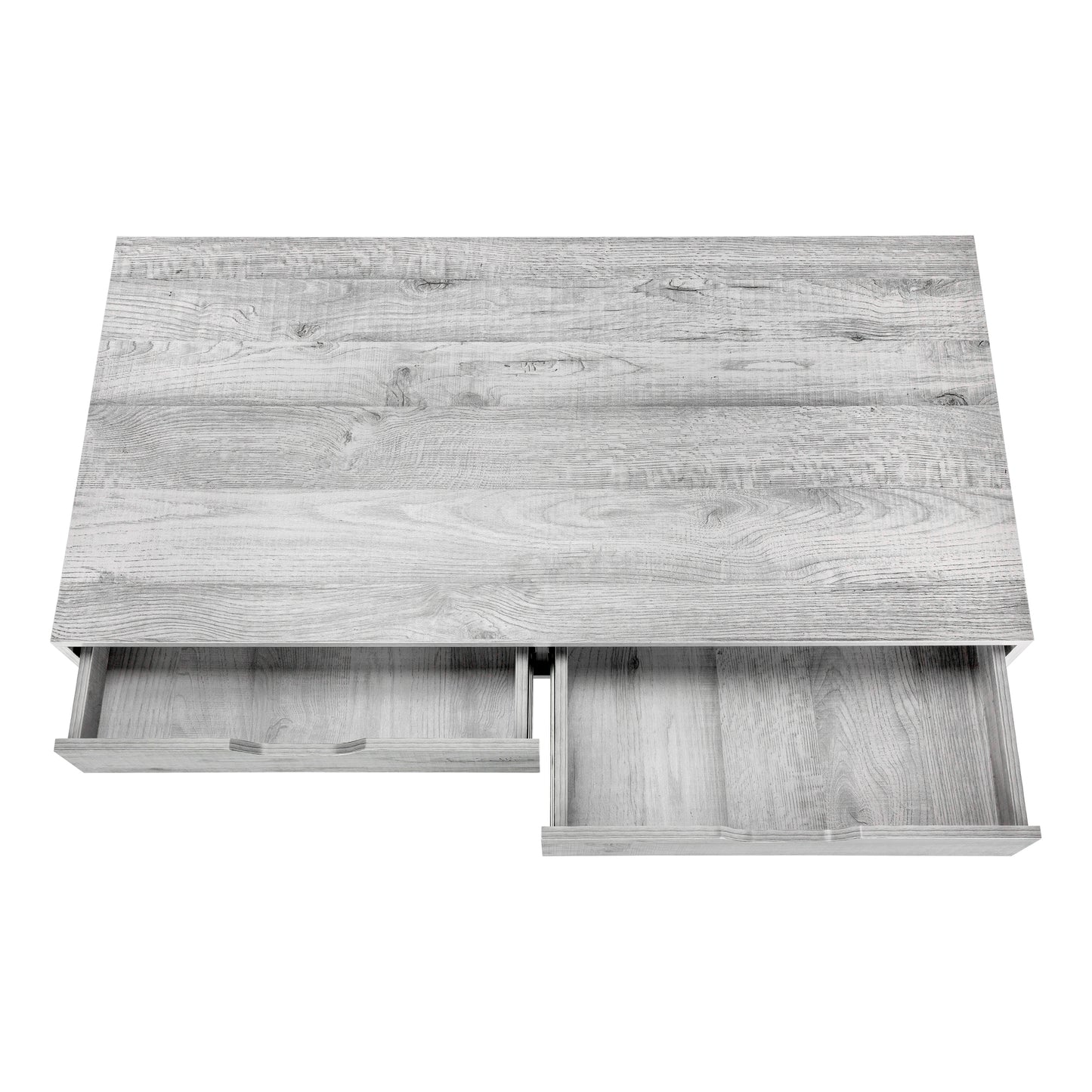 Light gray wood grain desk with two open drawers showing interior wood texture