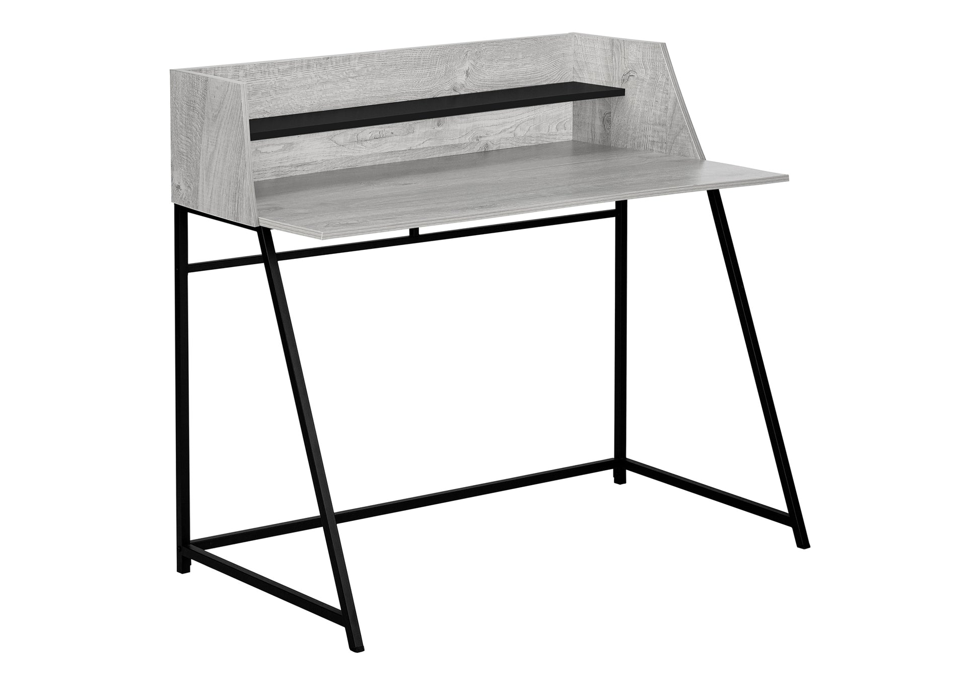 Modern grey wood and black metal writing desk with elevated shelf