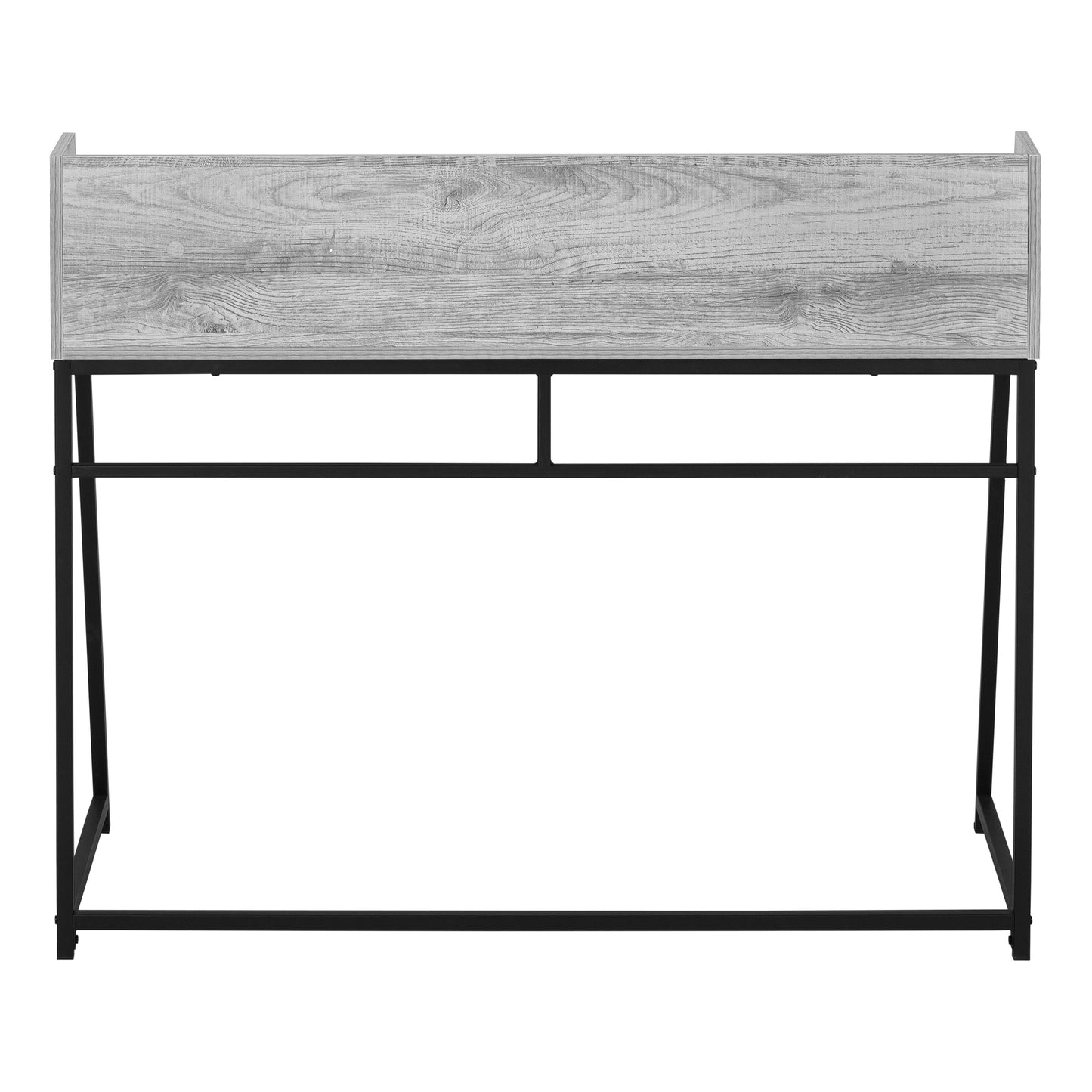 Modern gray wood veneer desk with black metal frame