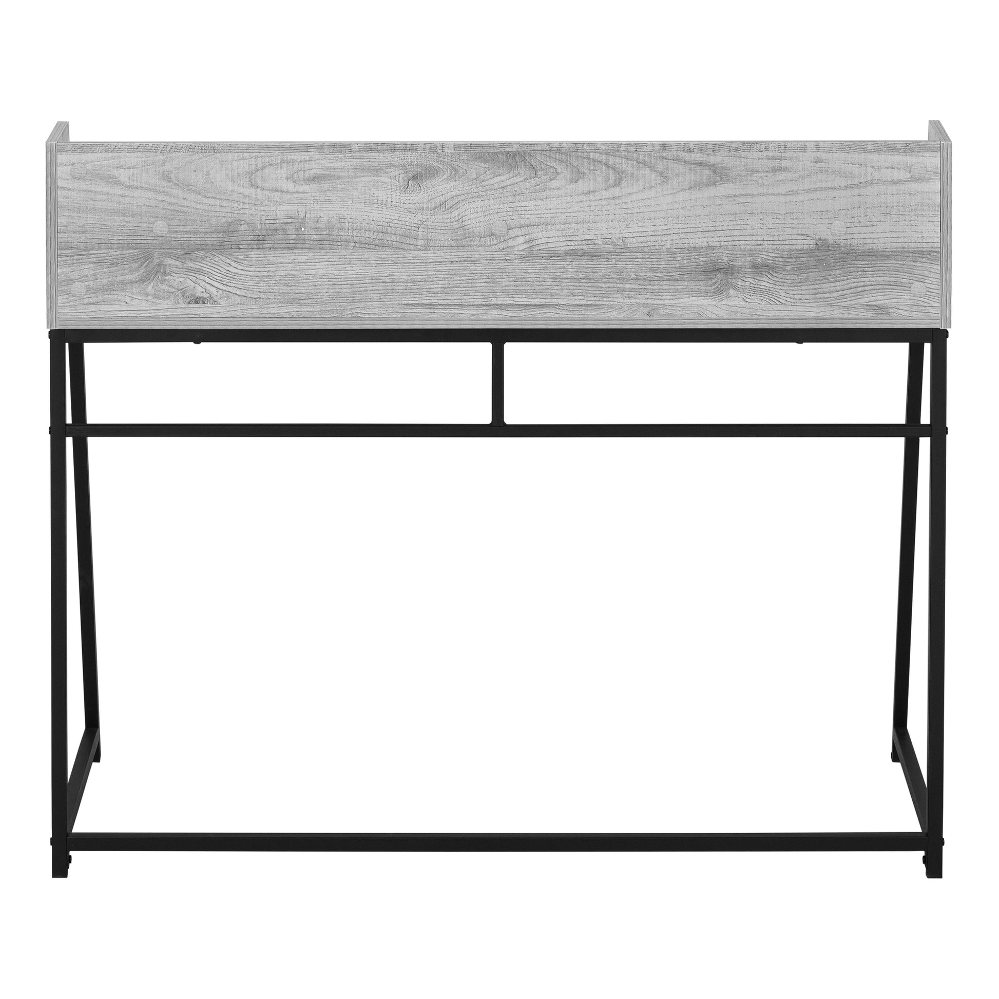 Modern gray wood veneer desk with black metal frame