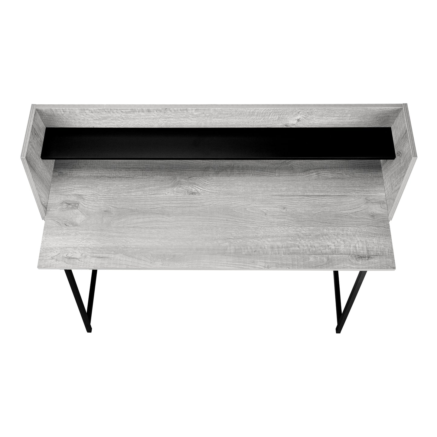 Modern grey wood floating desk with black metal legs and a sleek black shelf