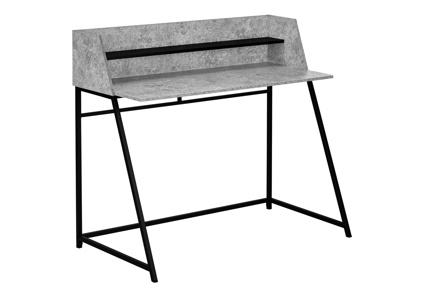 Modern grey concretelook writing desk with black metal legs and shelf