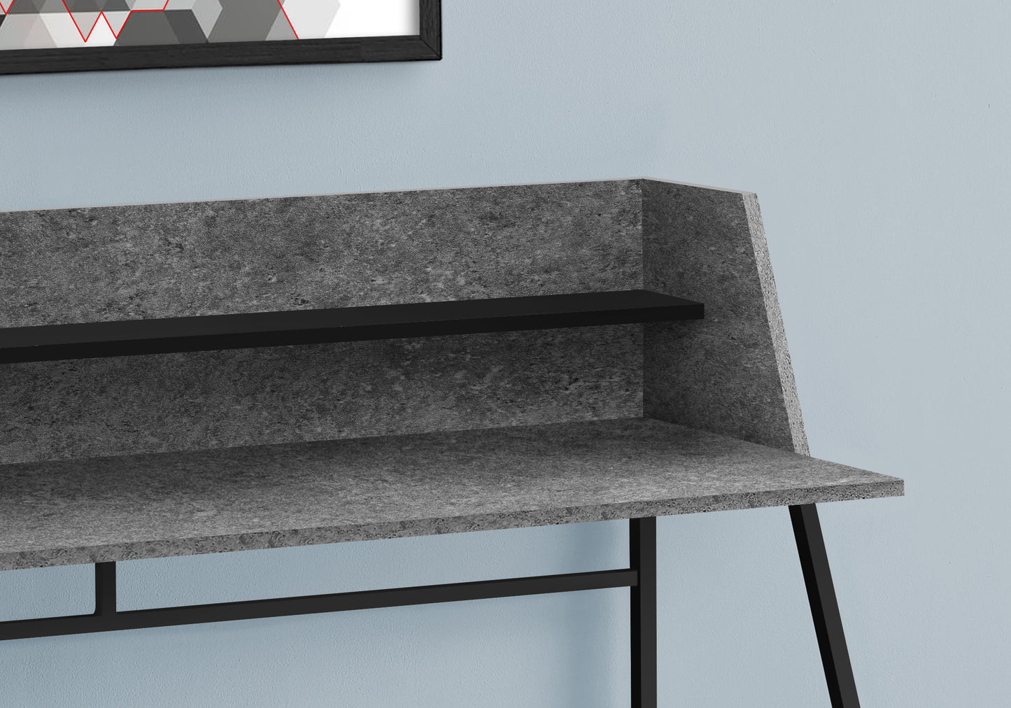 Modern gray laminate desk with black metal legs a minimalist design for home office setups