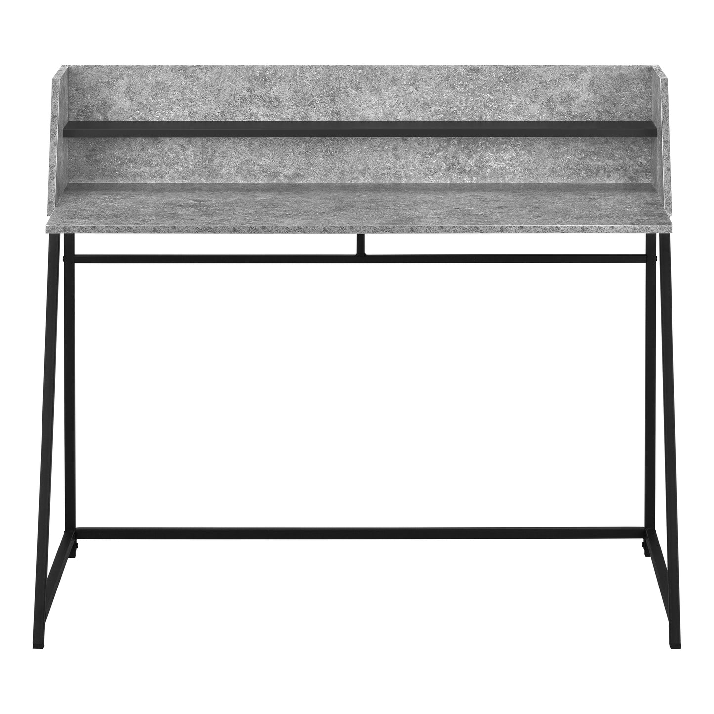 Gray concrete effect desk with black metal legs and integrated shelf