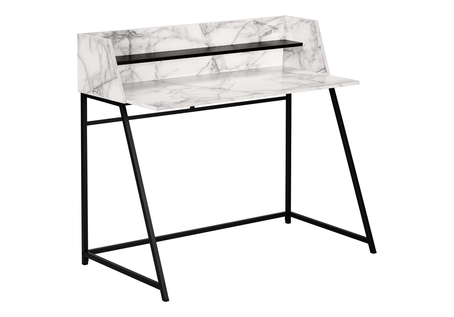 Modern faux marble secretary desk with black metal frame and single shelf