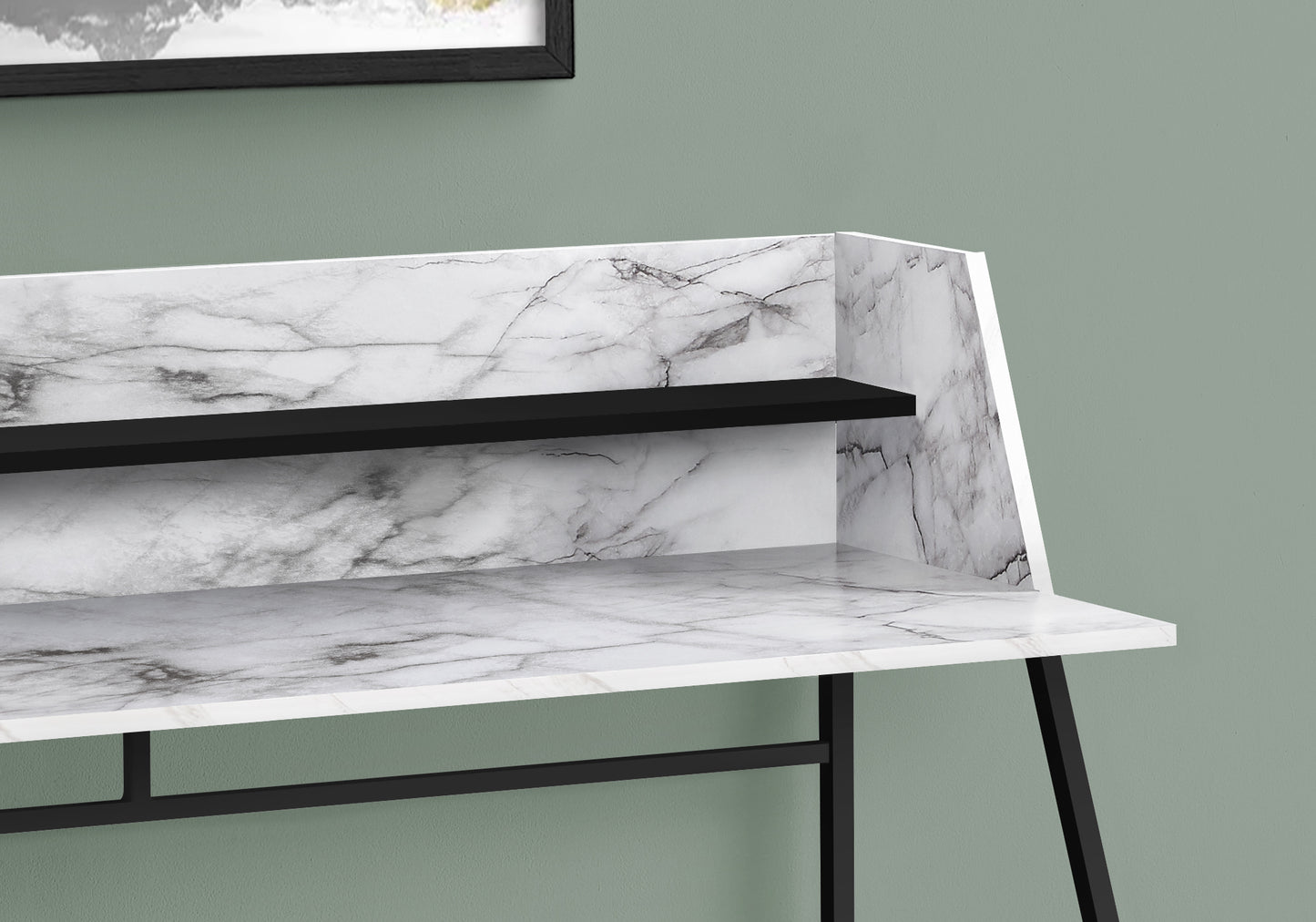 Marble effect desk with black metal legs and a black shelf