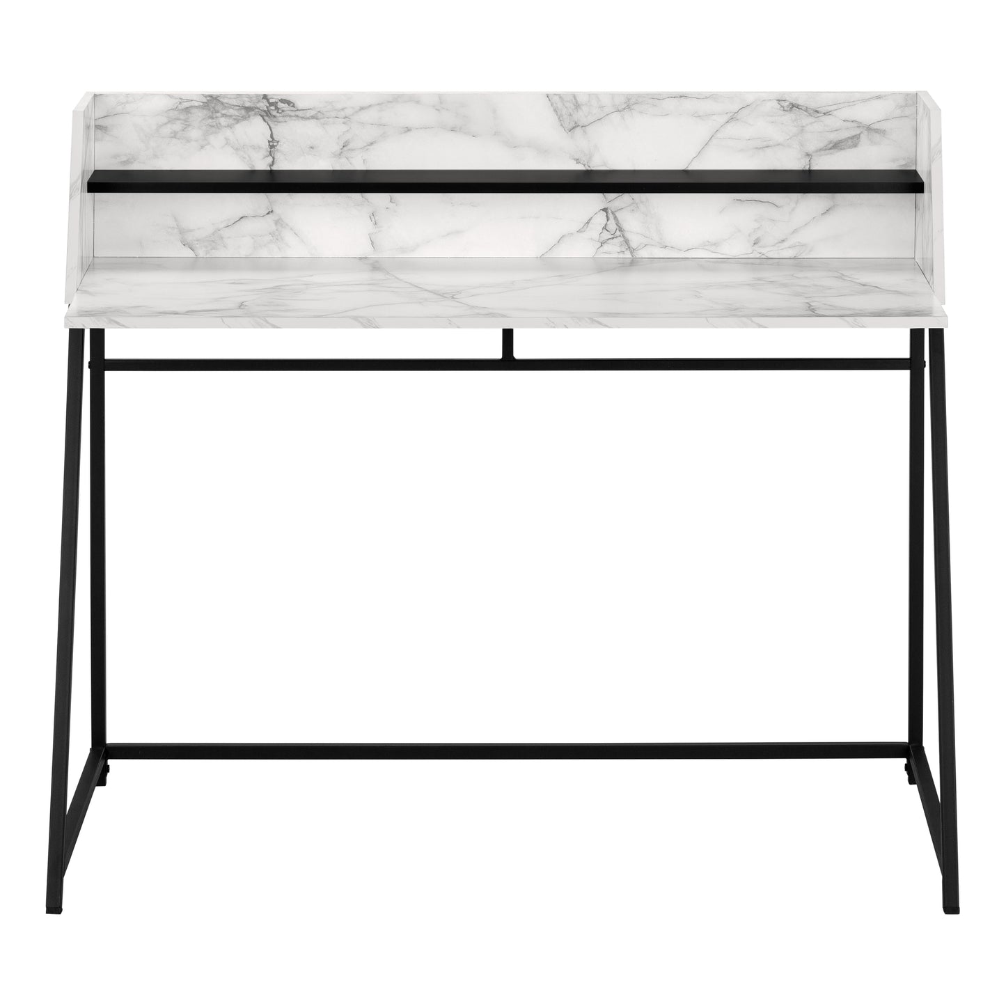 White marble desk with black metal legs and a slim black shelf