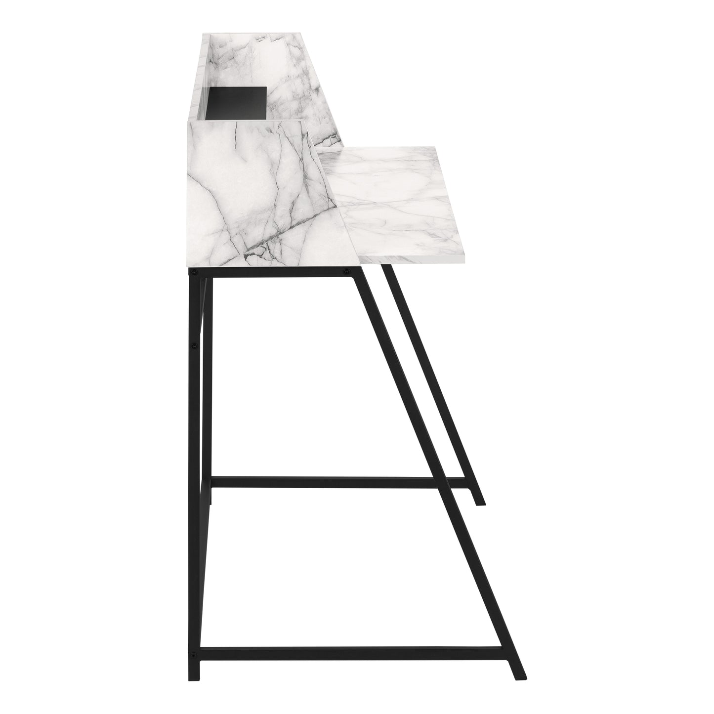 Modern marble writing desk with black metal legs and two tiered surface