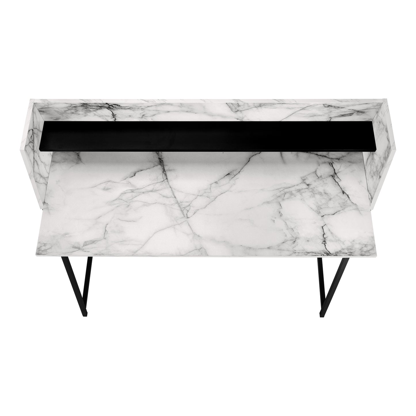 Floating console table with white marble finish and black metal legs