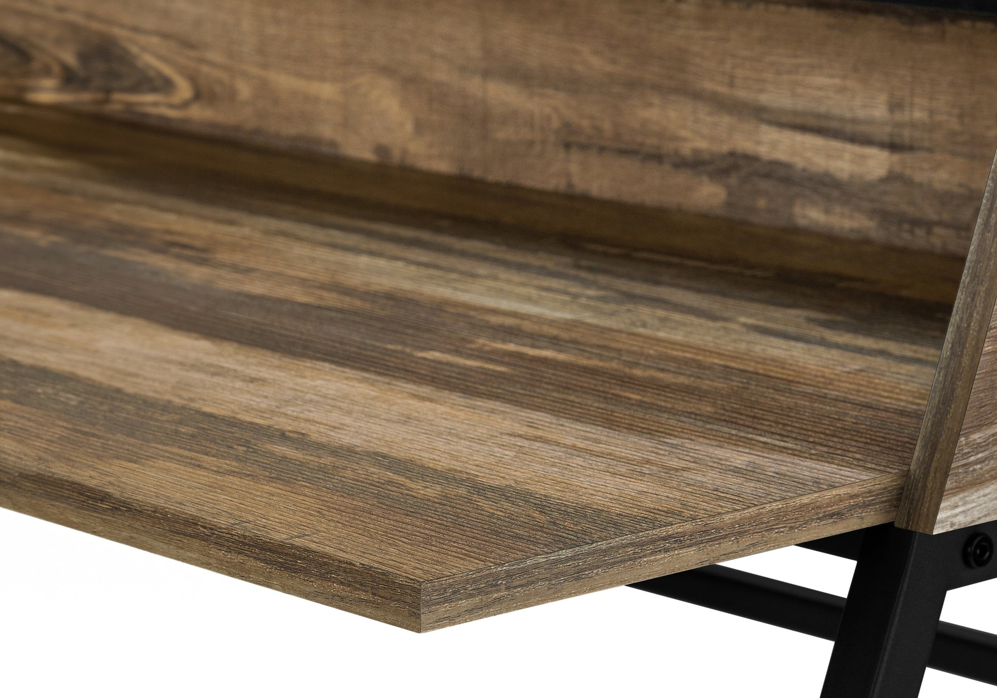 Rustic brown wood shelf with visible grain detail on metal frame