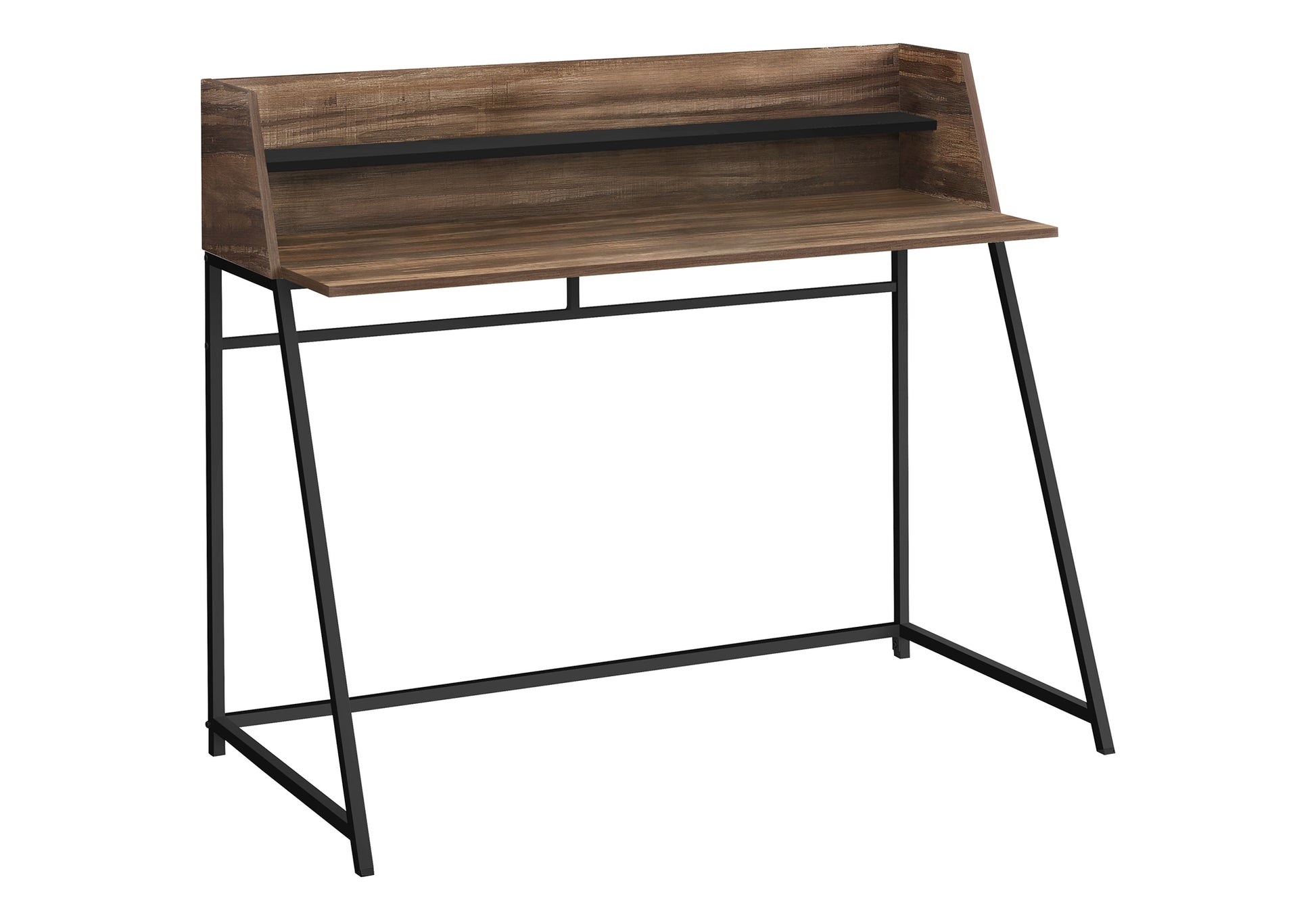 Compact wooden writing desk with black metal frame perfect for small spaces