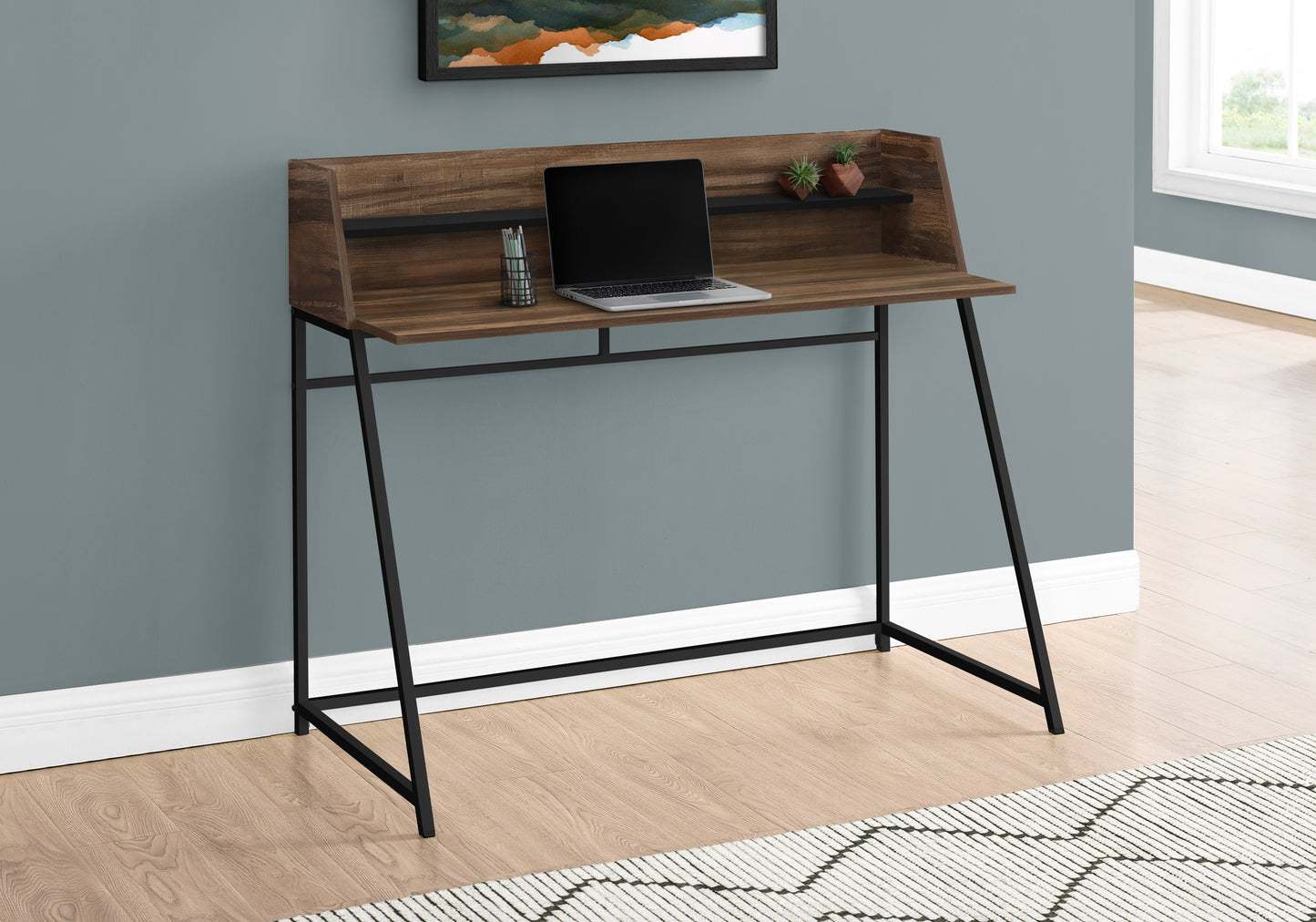 Rustic brown wood computer desk with black metal legs and builtin shelf