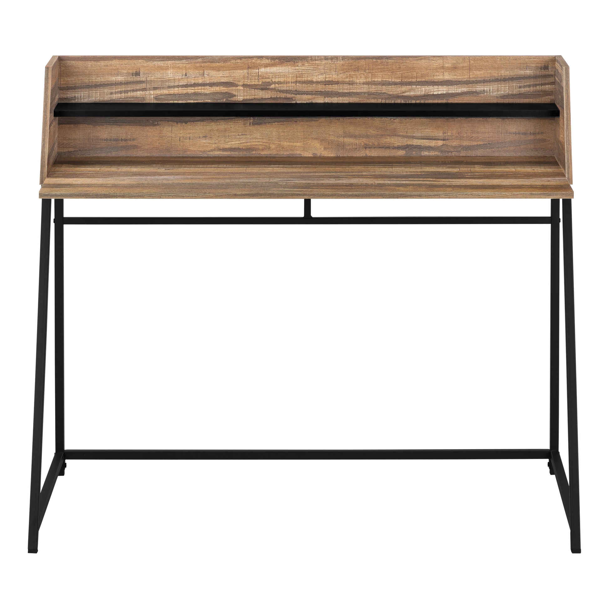 Rustic wood writing desk with black metal frame and shelf