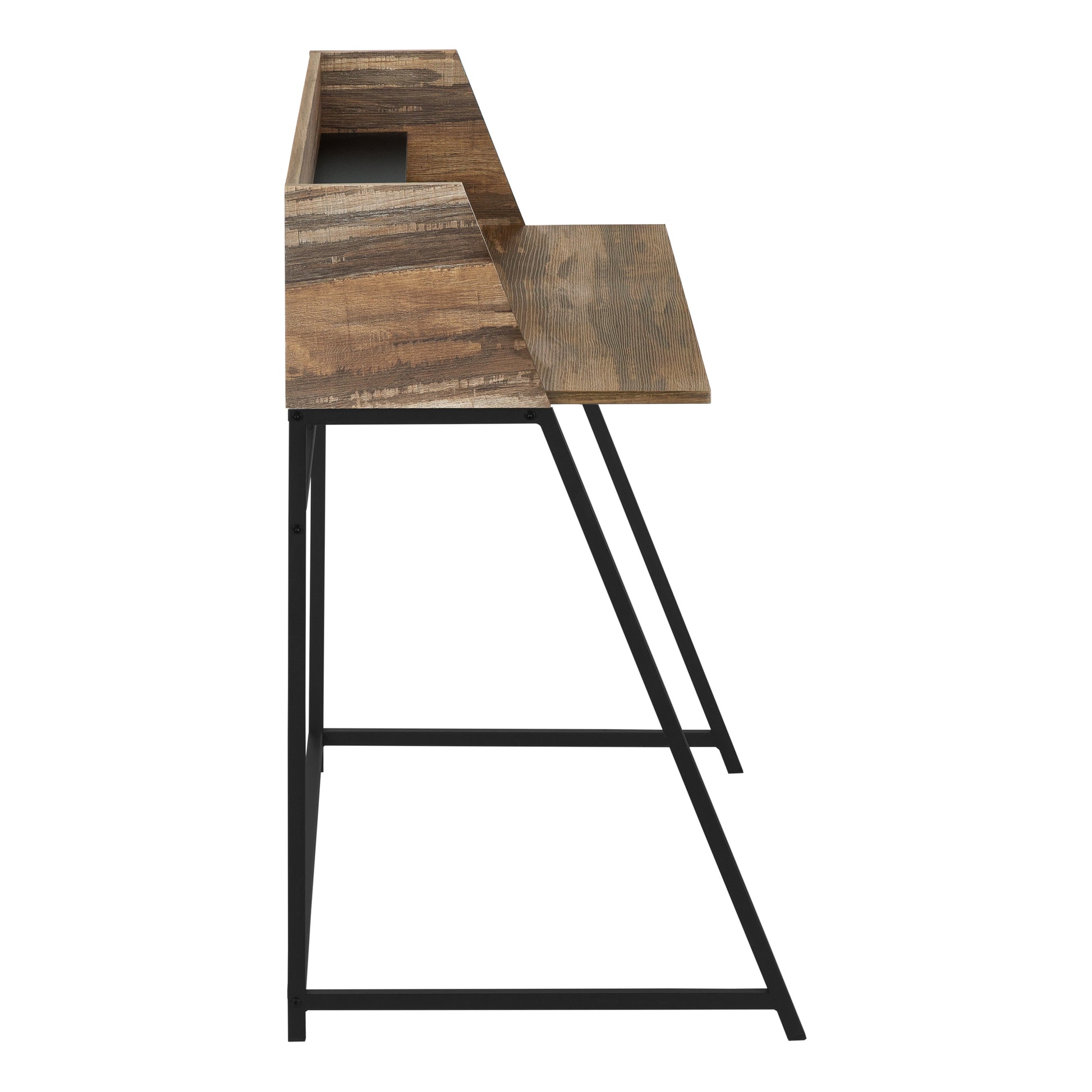 Rustic wood writing desk with angled black metal legs