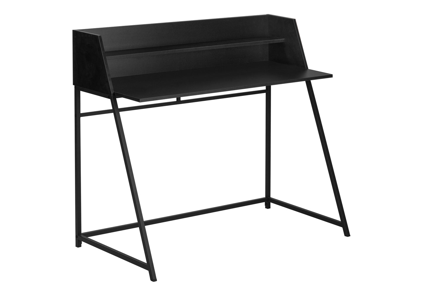 Modern black metal desk with two open shelves and slanted legs