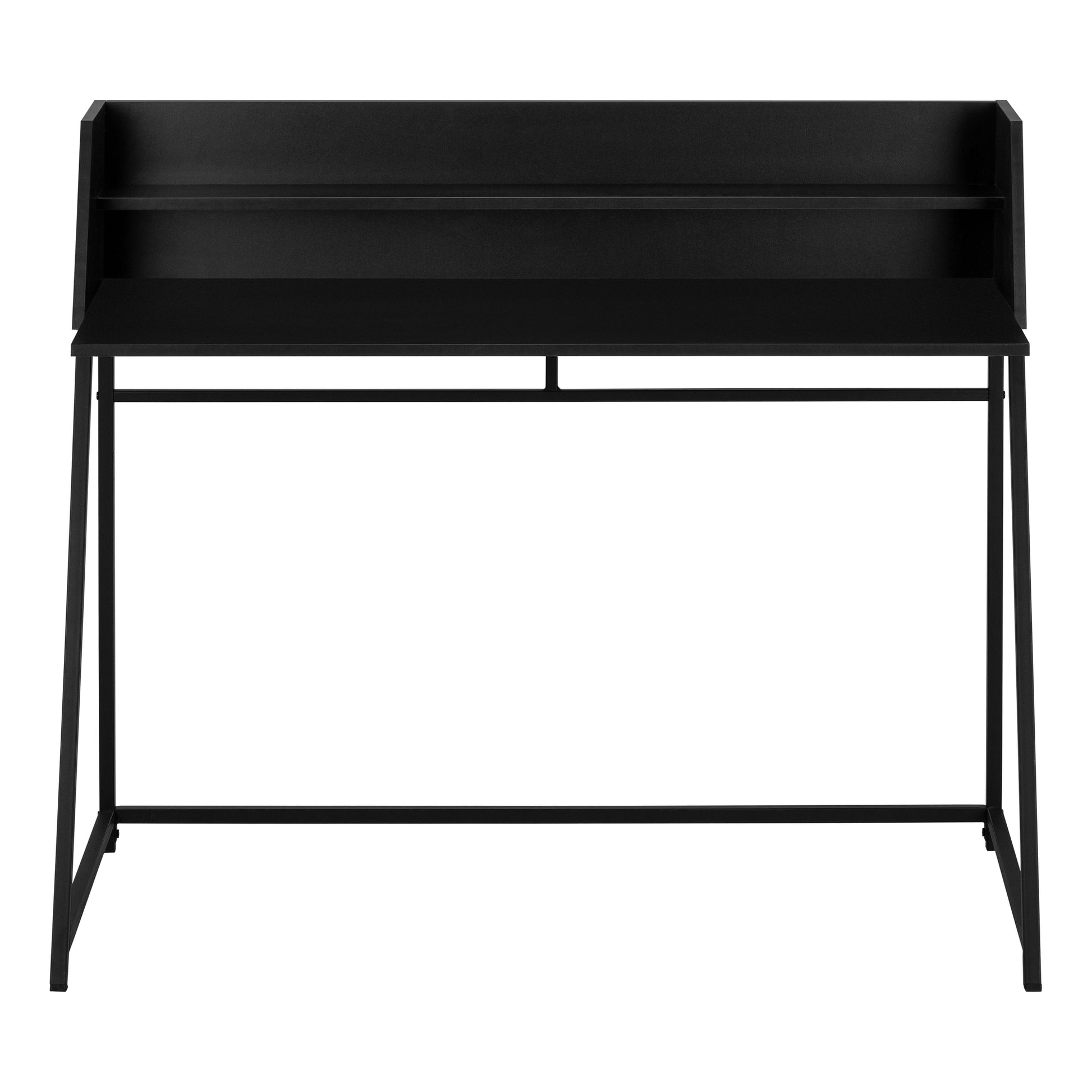 Minimalist black desk with a raised shelf and metal frame perfect for home offices