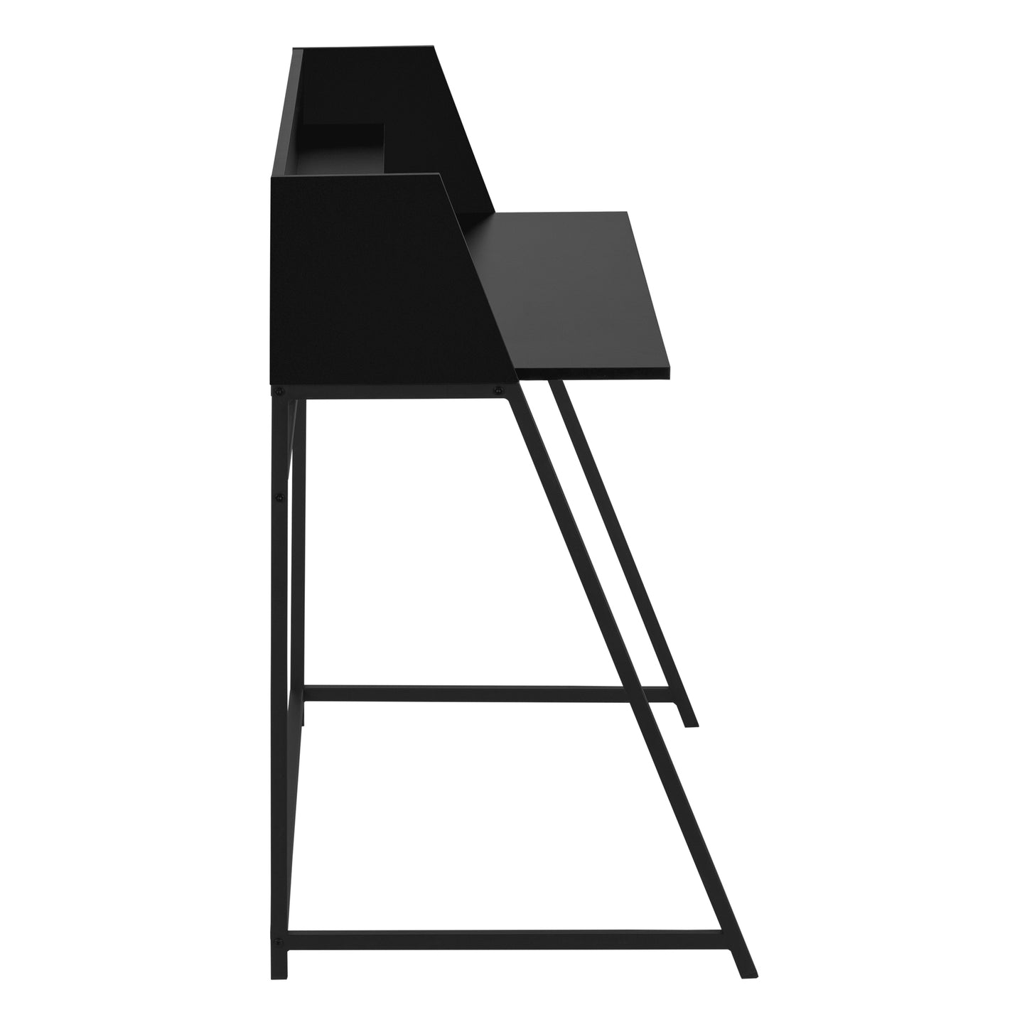 Sleek black minimalist computer desk with a raised shelf and metal legs