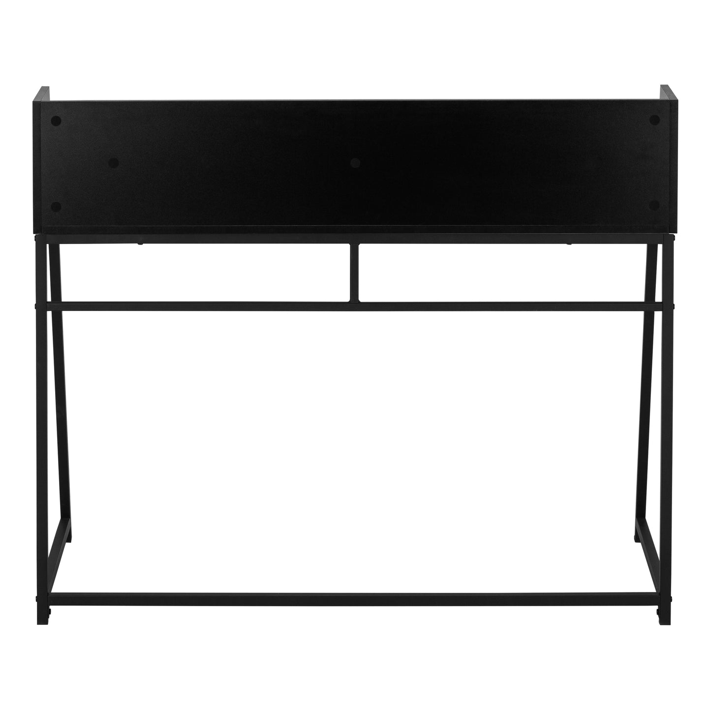 Black metal frame desk with a raised back panel perfect for modern home offices