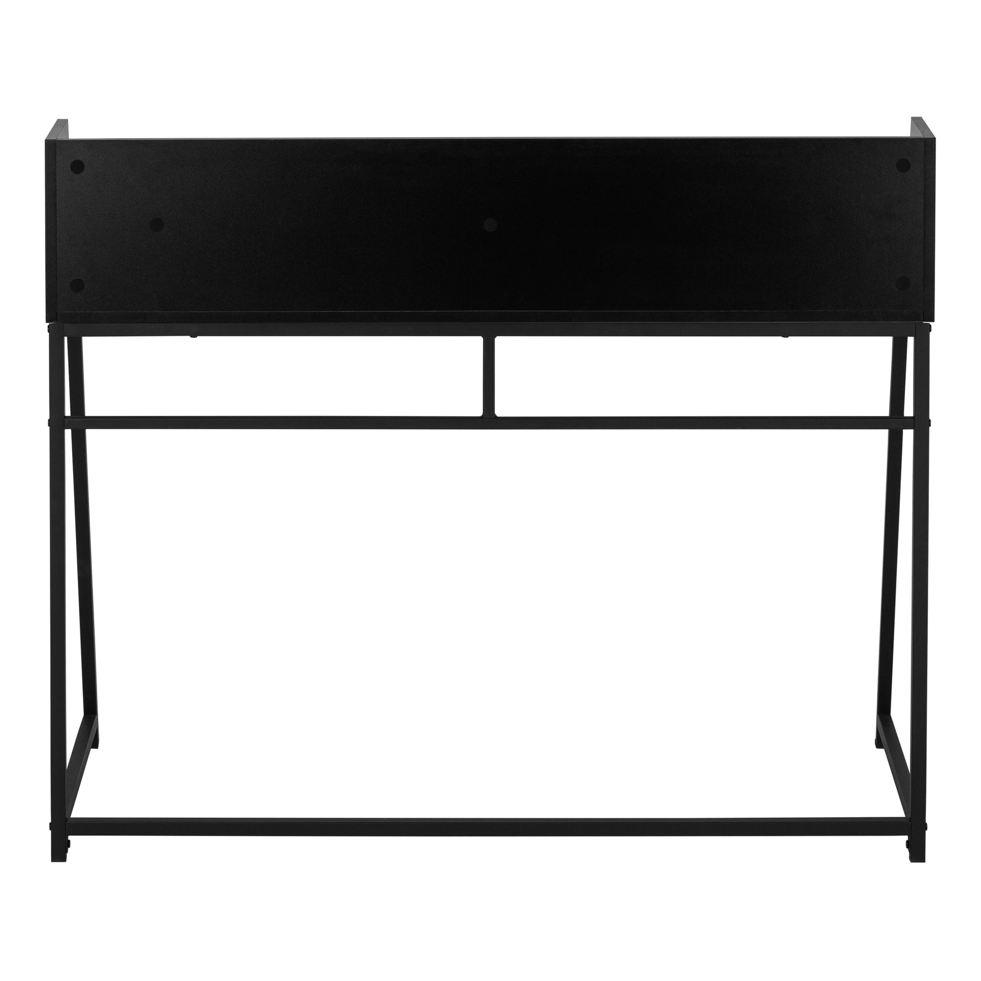 Black metal frame desk with a raised back panel perfect for modern home offices