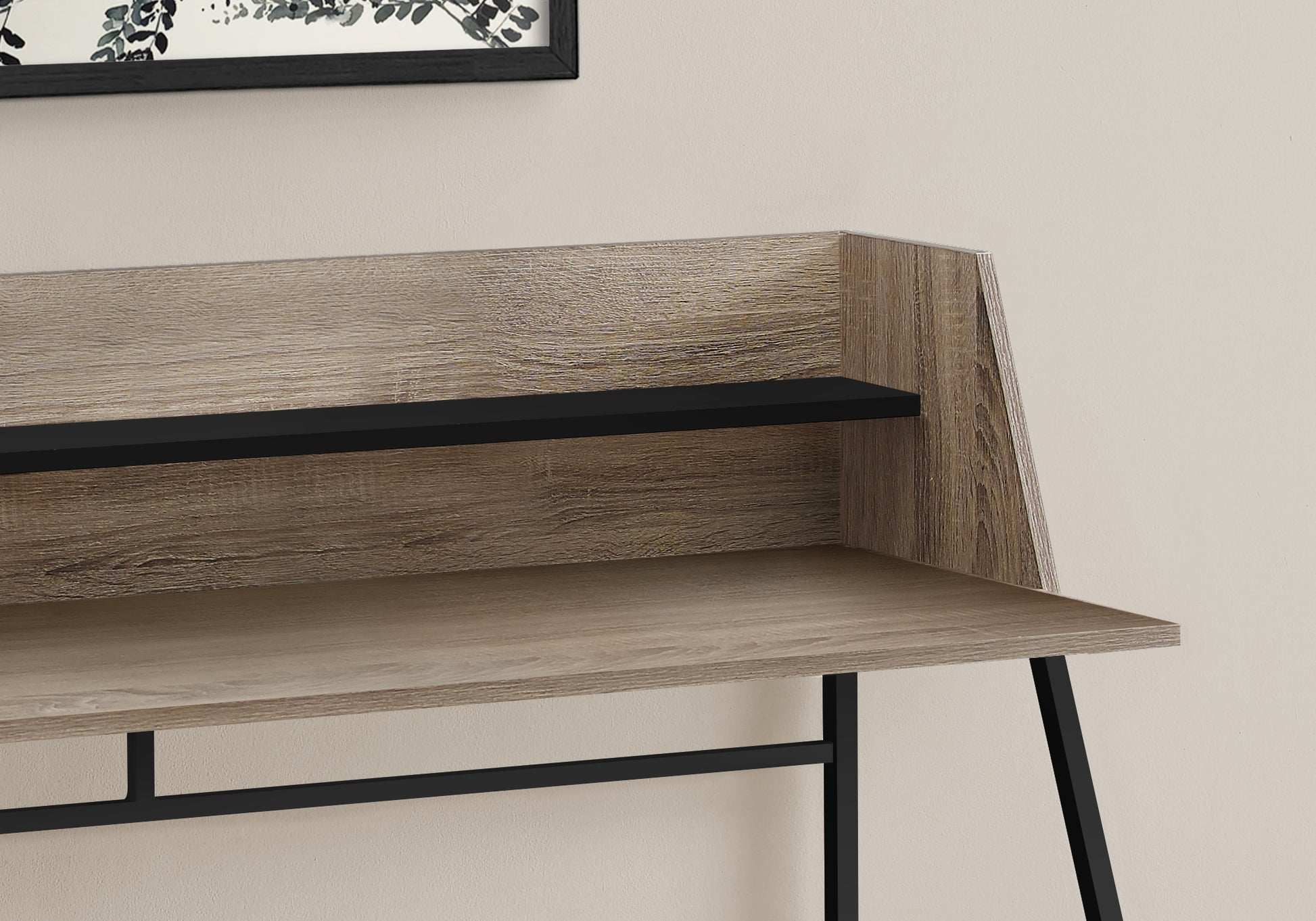 Rustic wood grain computer desk with black metal legs and a floating shelf