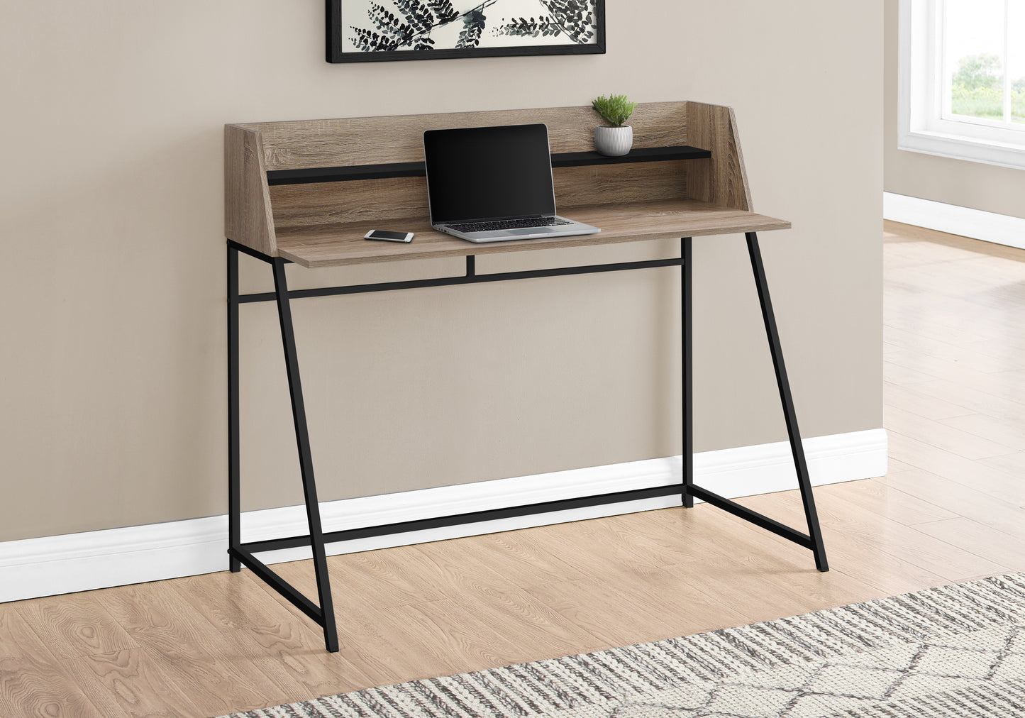 Rustic oak secretary desk with modern black metal legs laptop ready