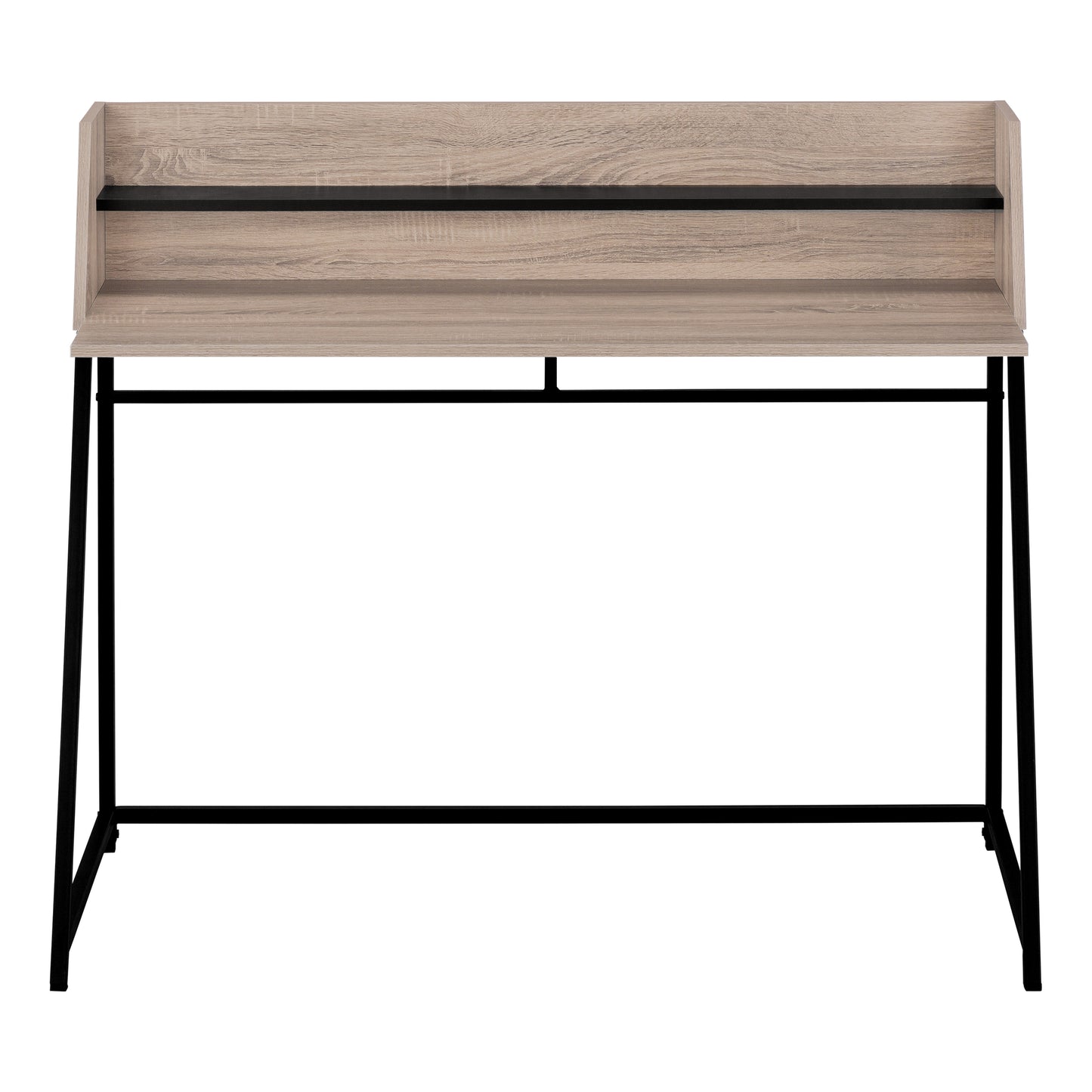 Modern writing desk with light wood veneer top and black metal legs