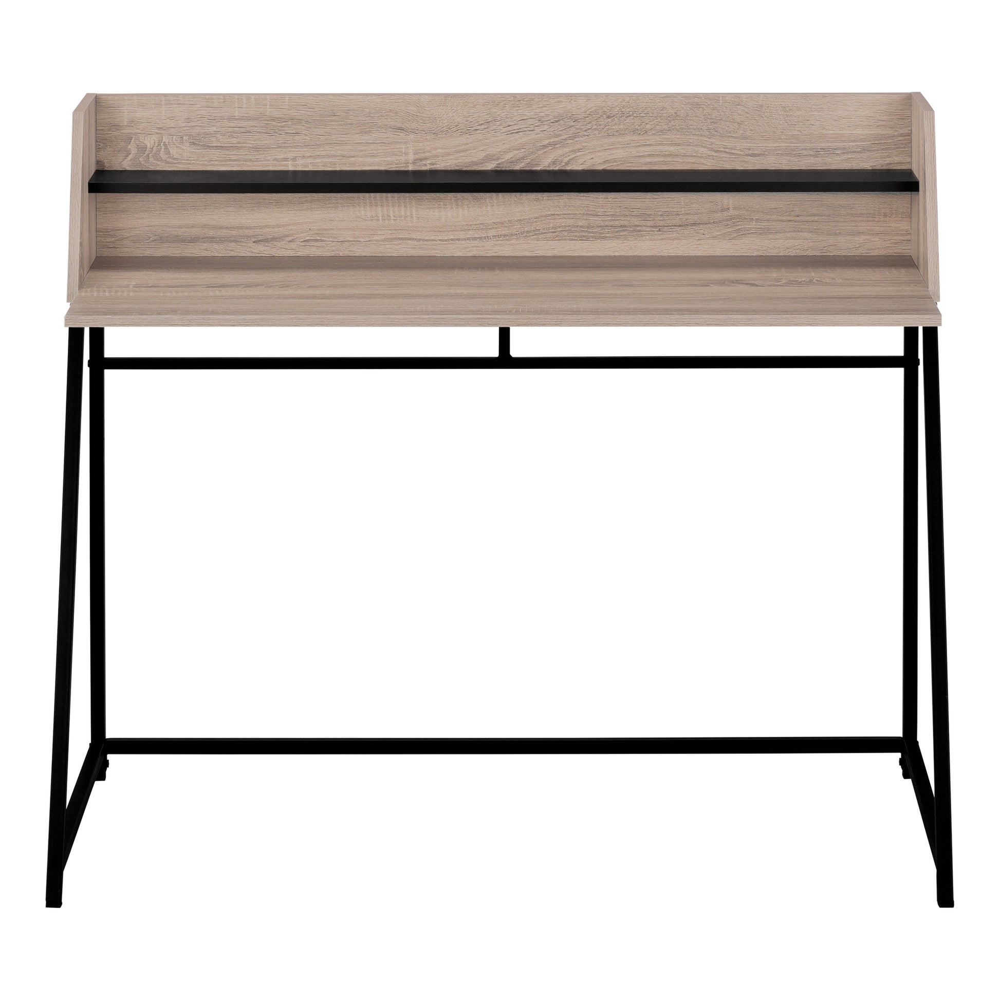 Modern writing desk with light wood veneer top and black metal legs