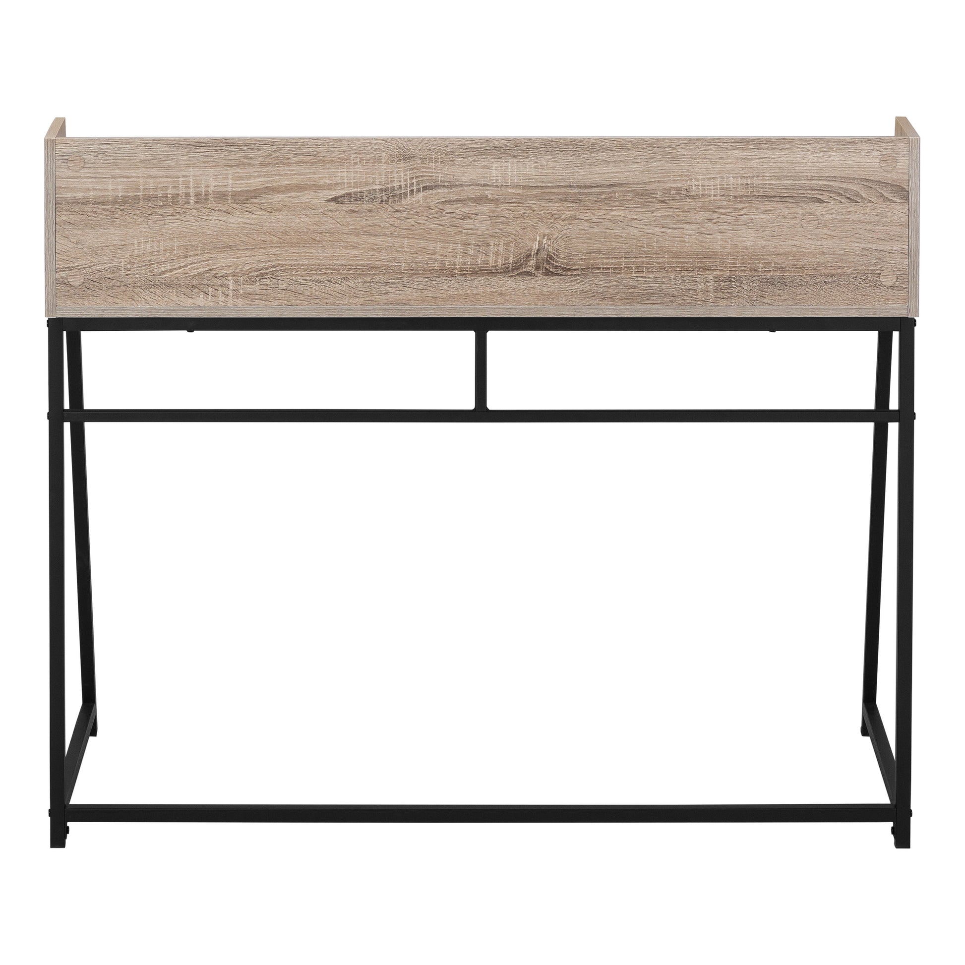 Light wood grain writing desk with black metal frame minimalist design for home office