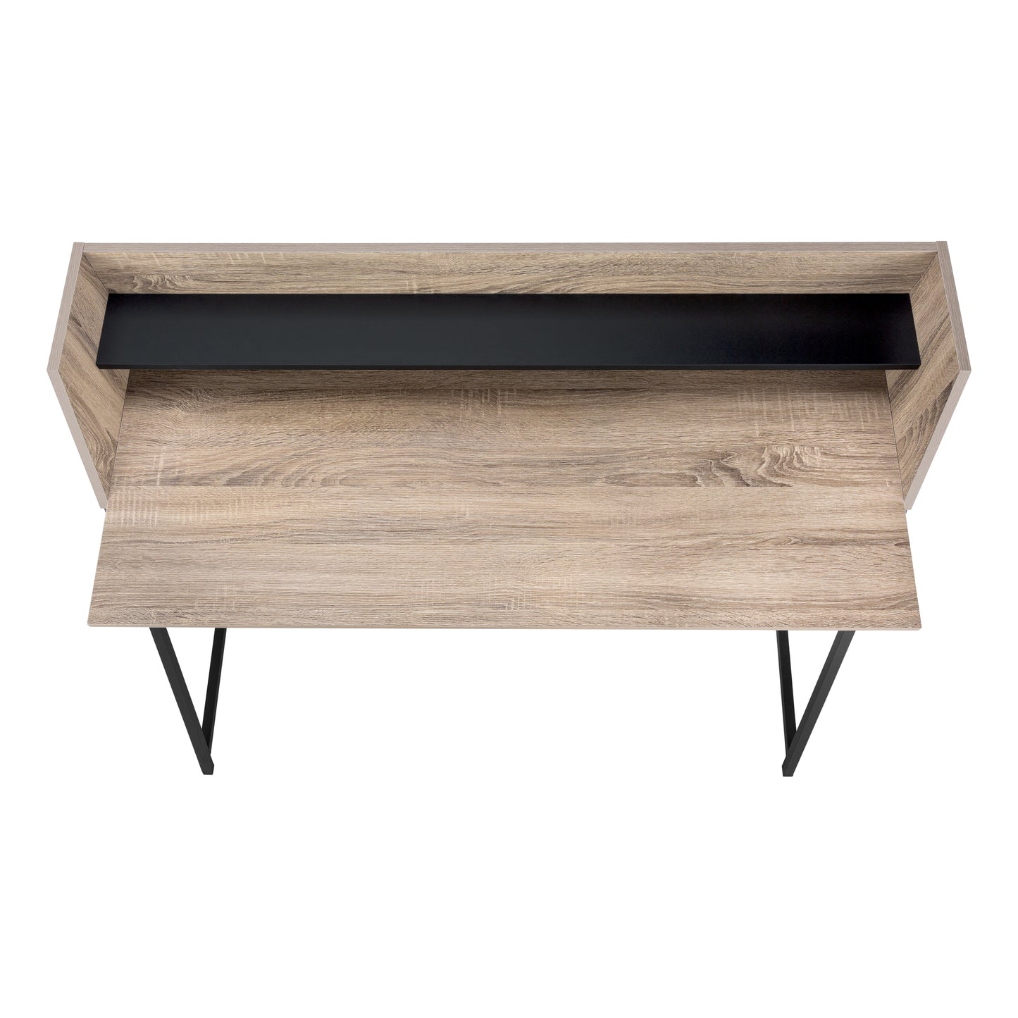 Modern light oak veneer desk with black metal legs and shelf
