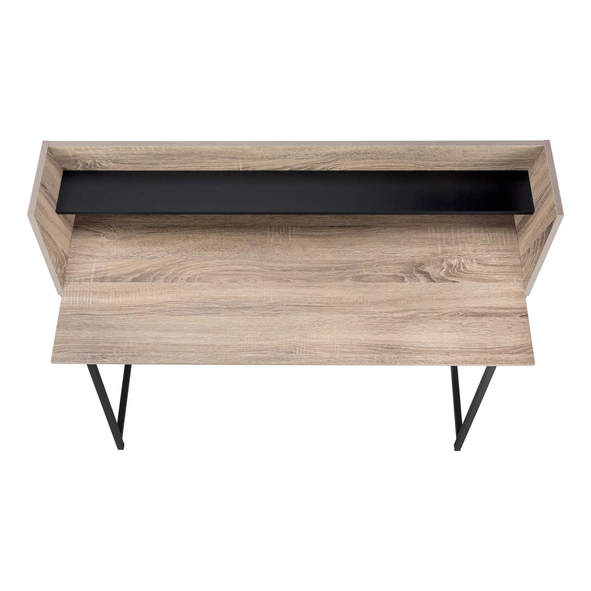 Modern light oak veneer desk with black metal legs and shelf