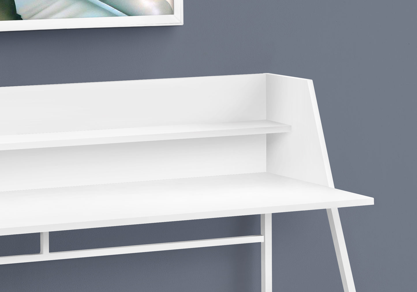 Modern white desk with two shelves for home office organization