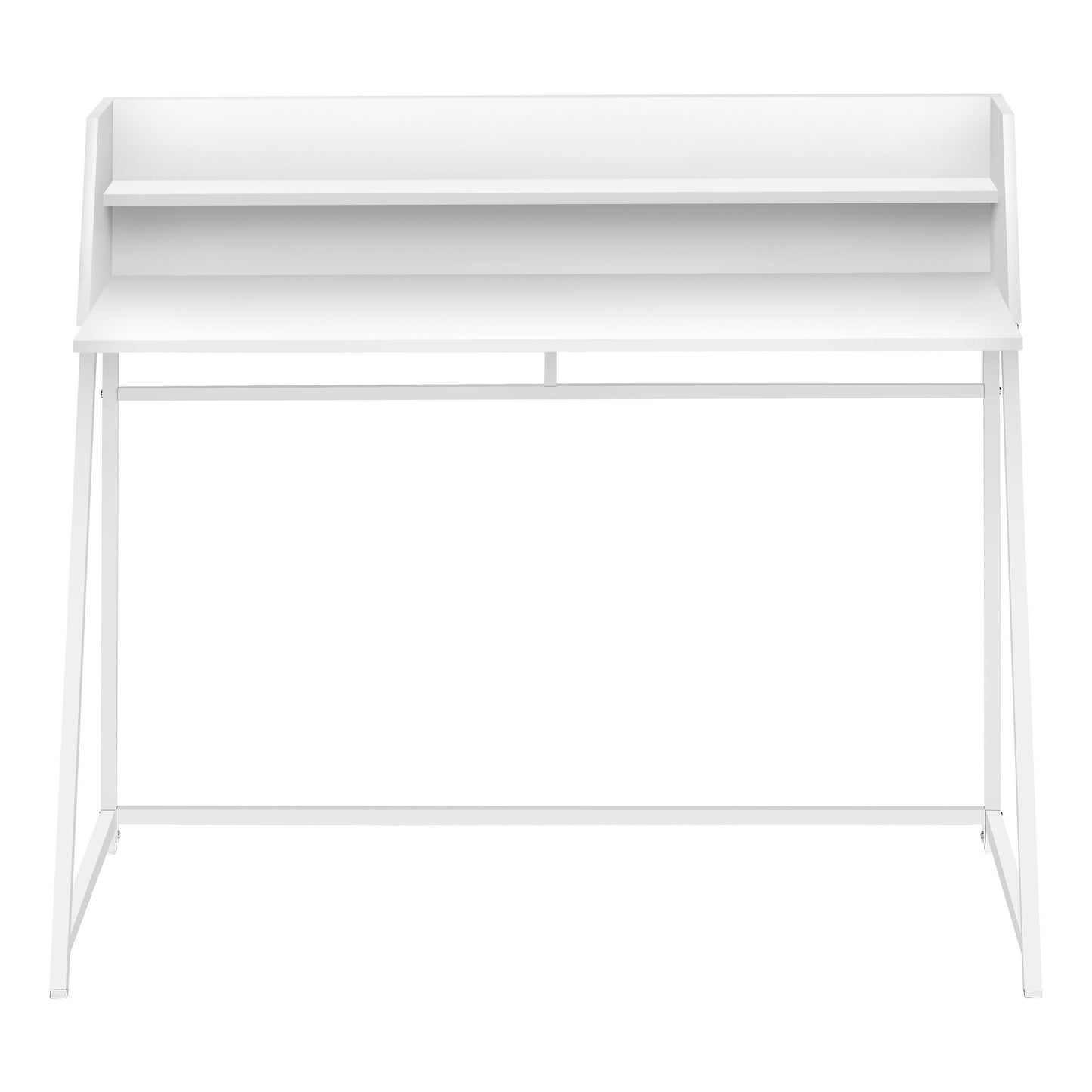 Modern white metal frame writing desk with two shelves and a minimalist design
