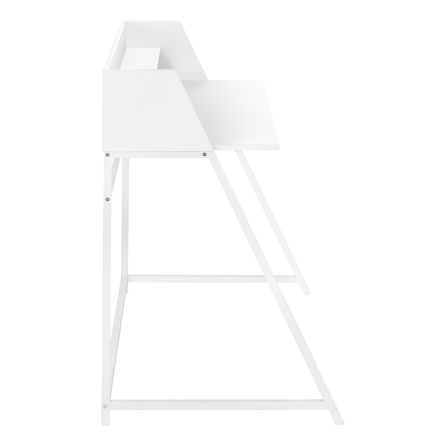 Modern white minimalist laptop desk with sleek angled legs and open shelving