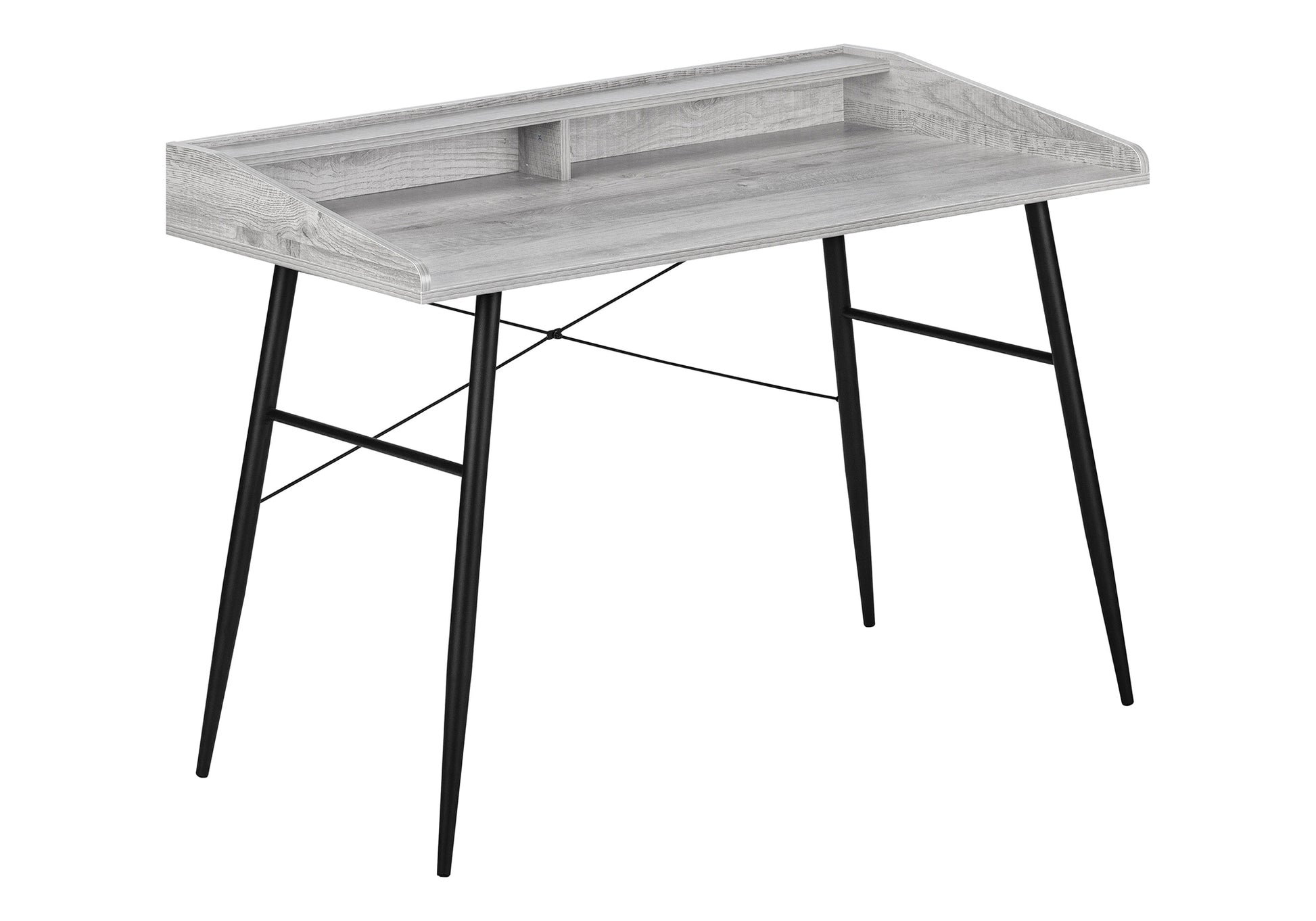 Rustic grey wood writing desk with black metal legs