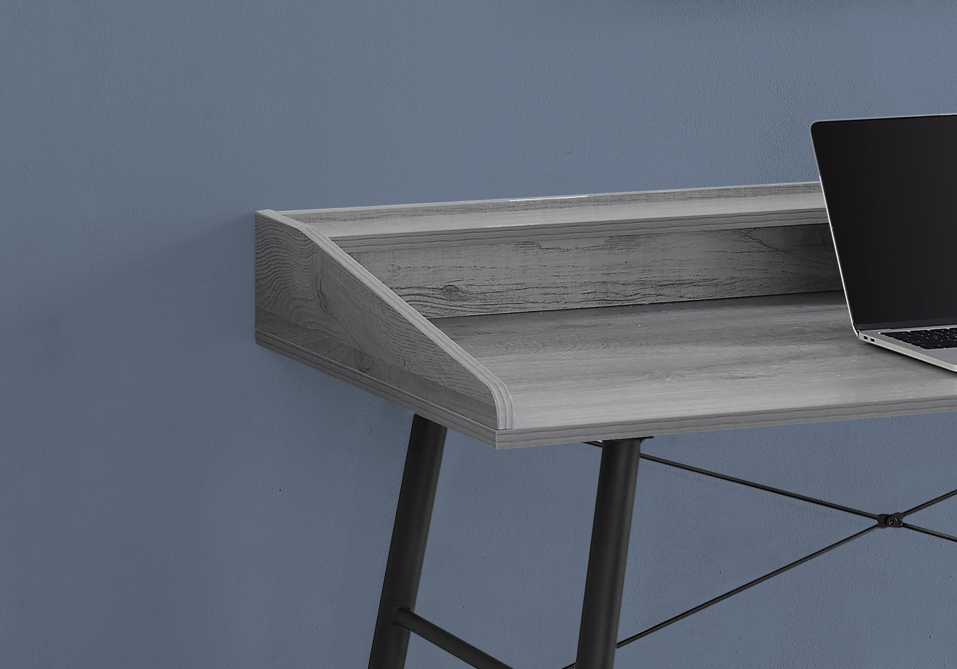Gray wood grain laptop desk with elevated shelf and metal legs