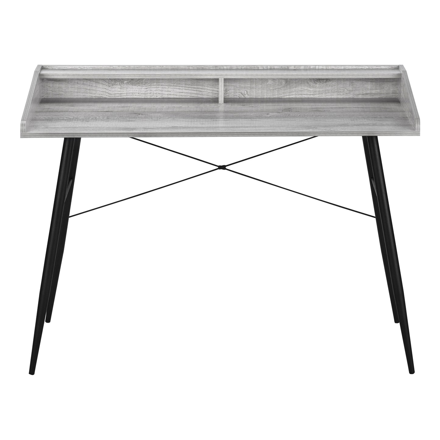 Gray wood grain writing desk with two open shelves on the back and black tapered legs
