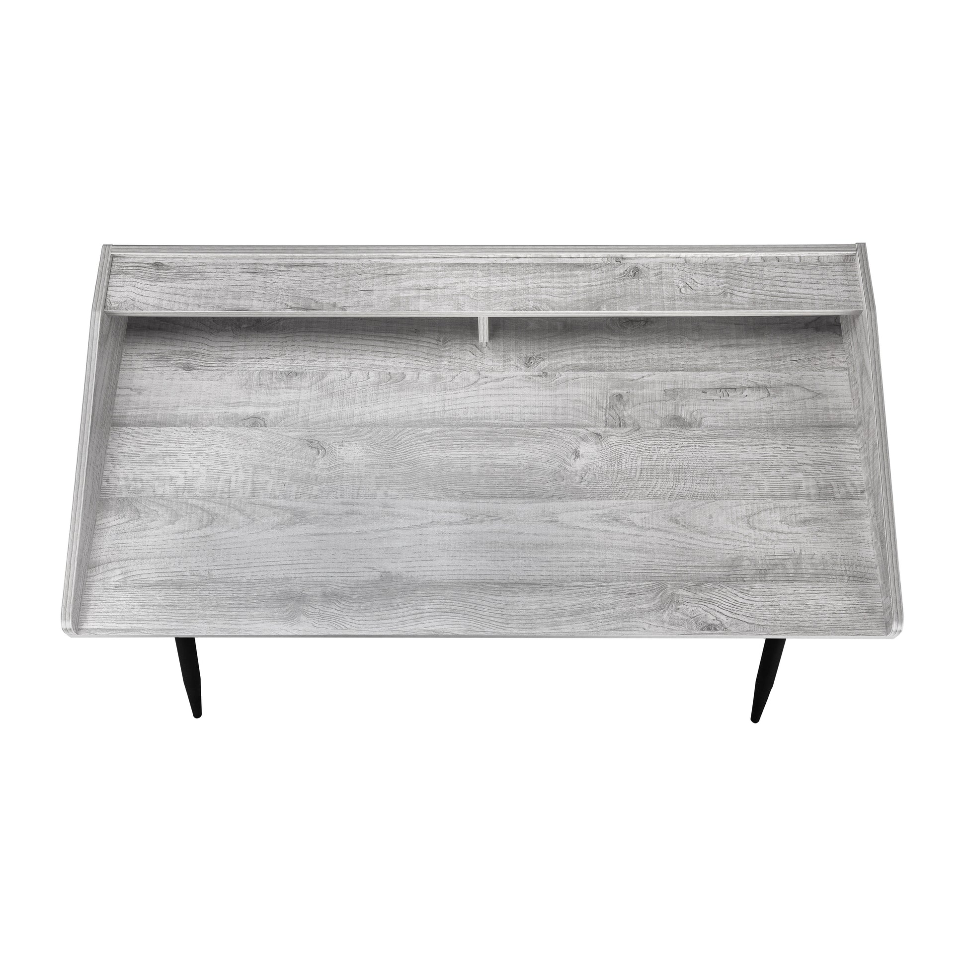 Modern light gray wood grain computer desk with raised shelf and black metal legs