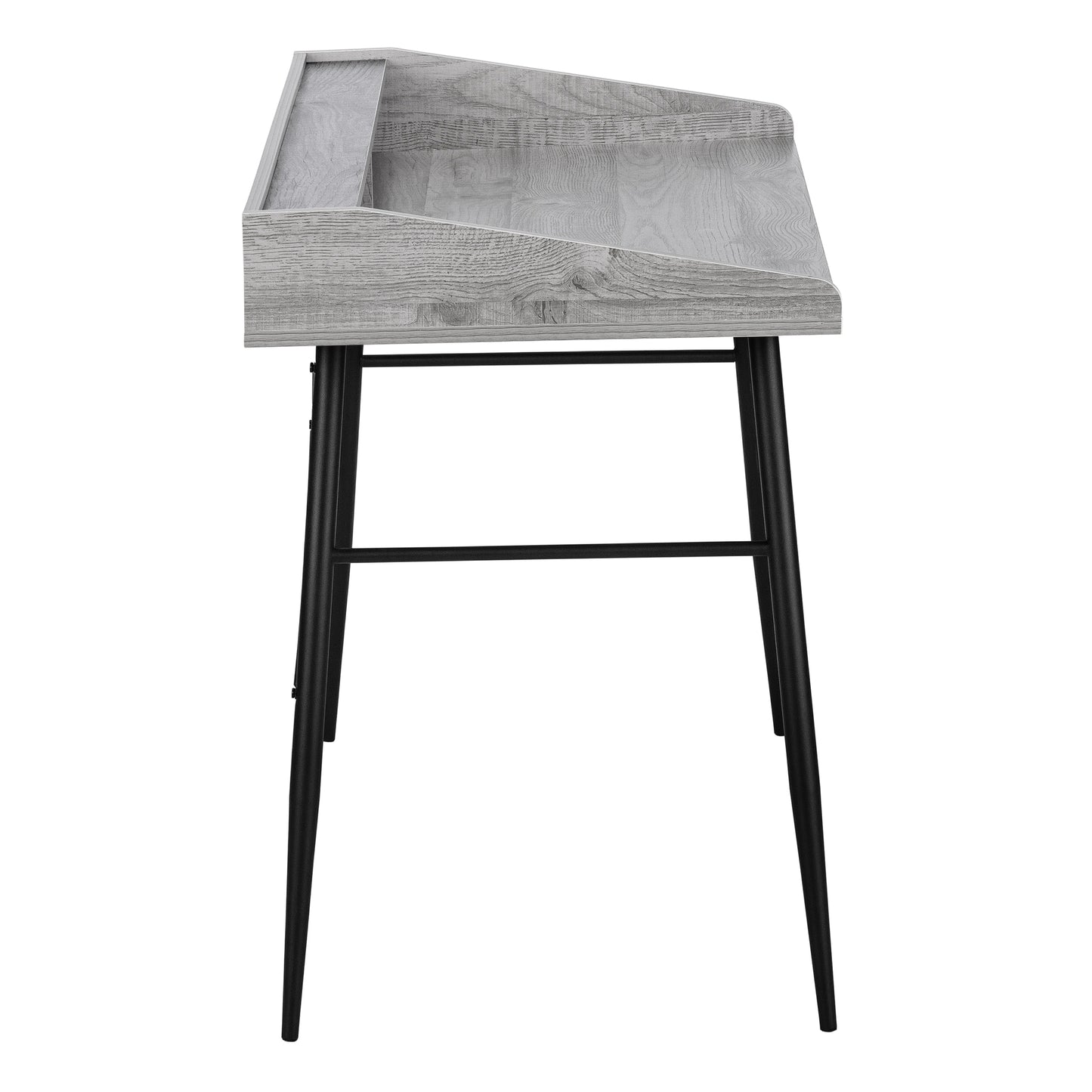 Gray wood writing desk with black metal legs