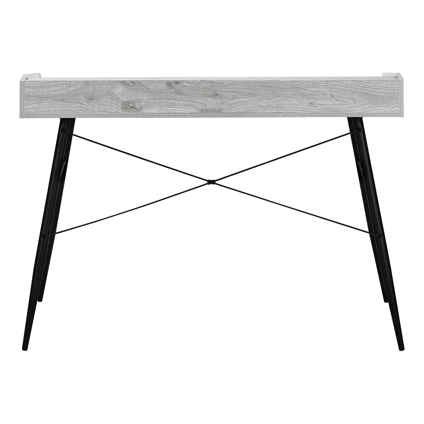 Rustic grey wood veneer writing desk with black metal hairpin legs