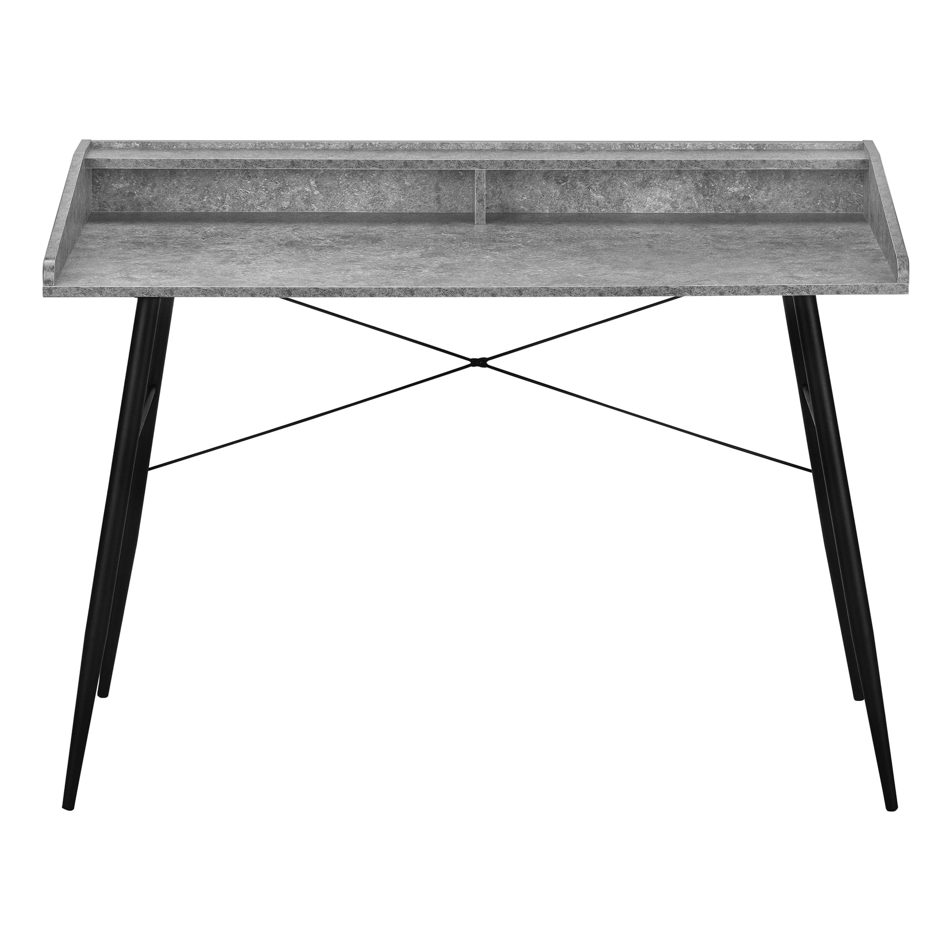 Modern desk with textured grey concrete top and black tapered legs ideal for home office
