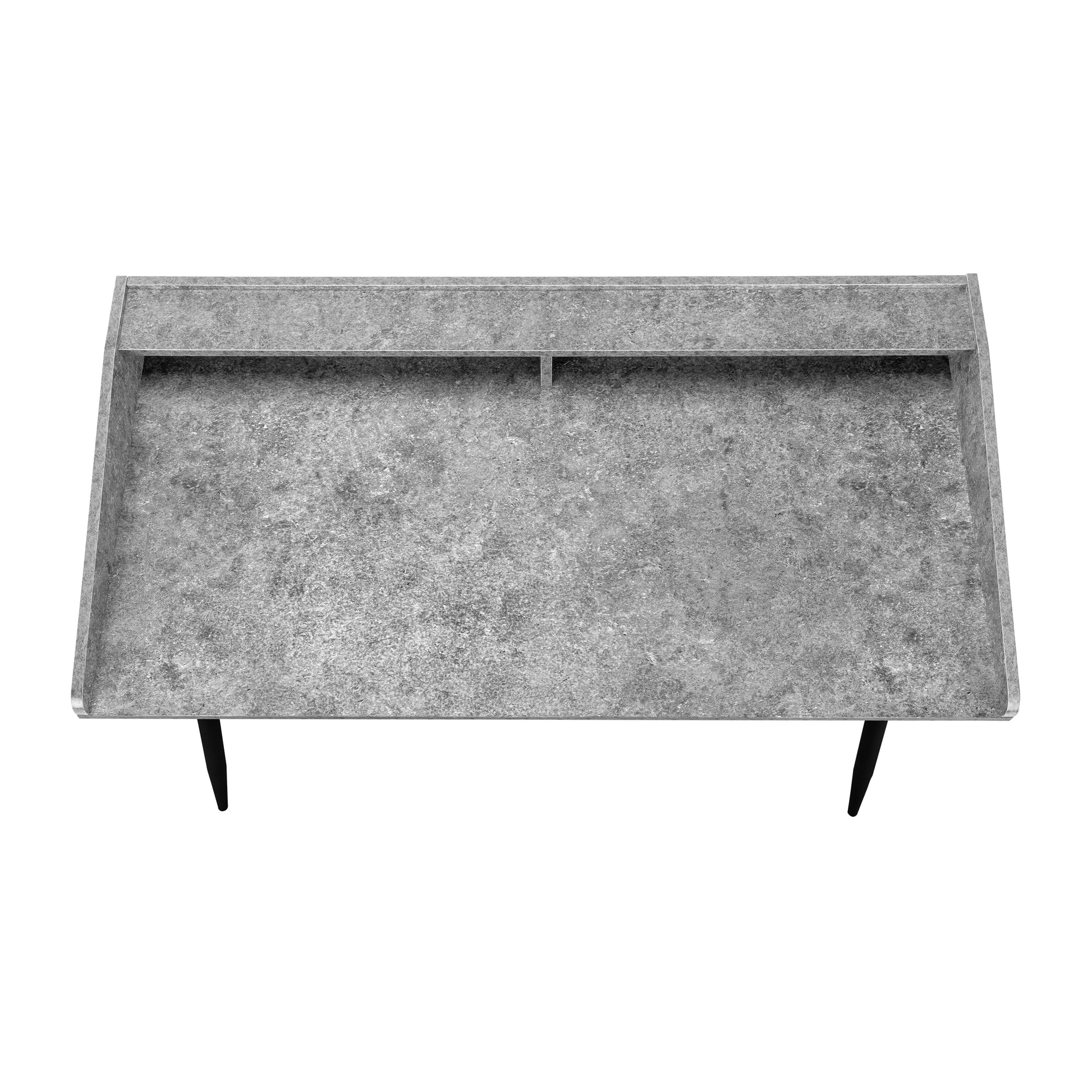 Concrete effect desk with raised shelf and black tapered legs