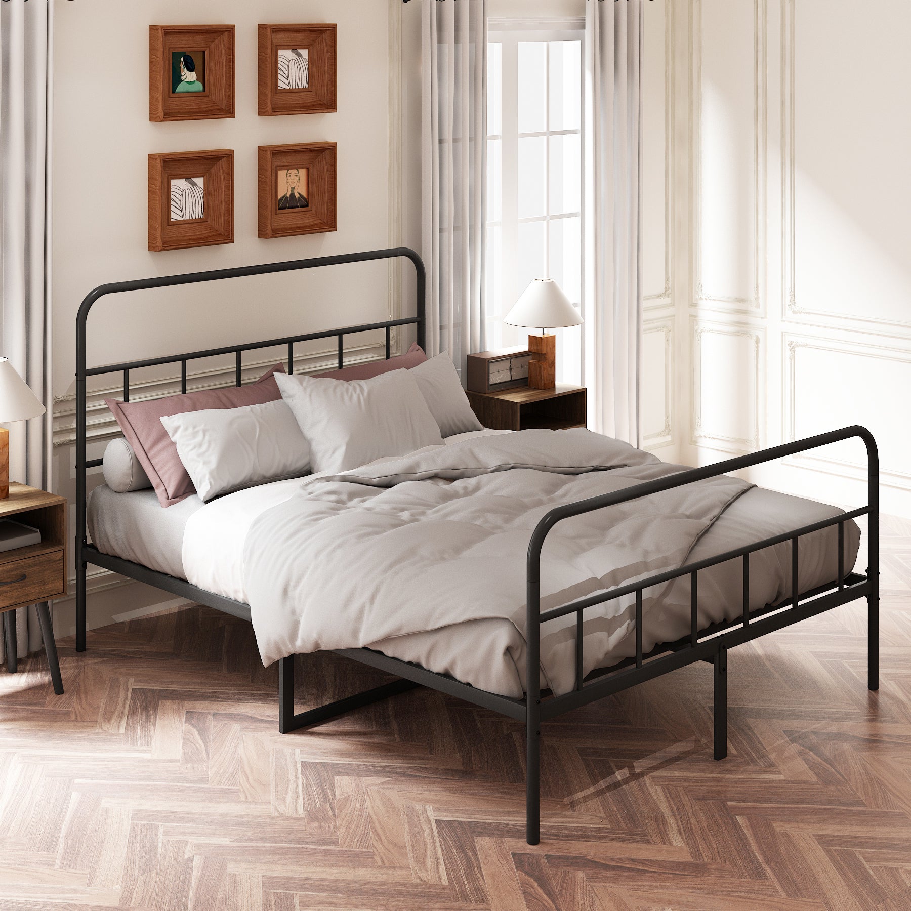 Black metal bed frame with curved headboard and footboard