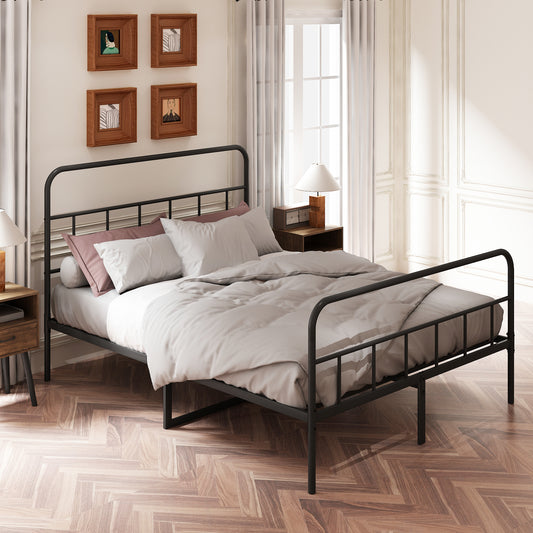 Black metal bed frame with curved headboard and footboard
