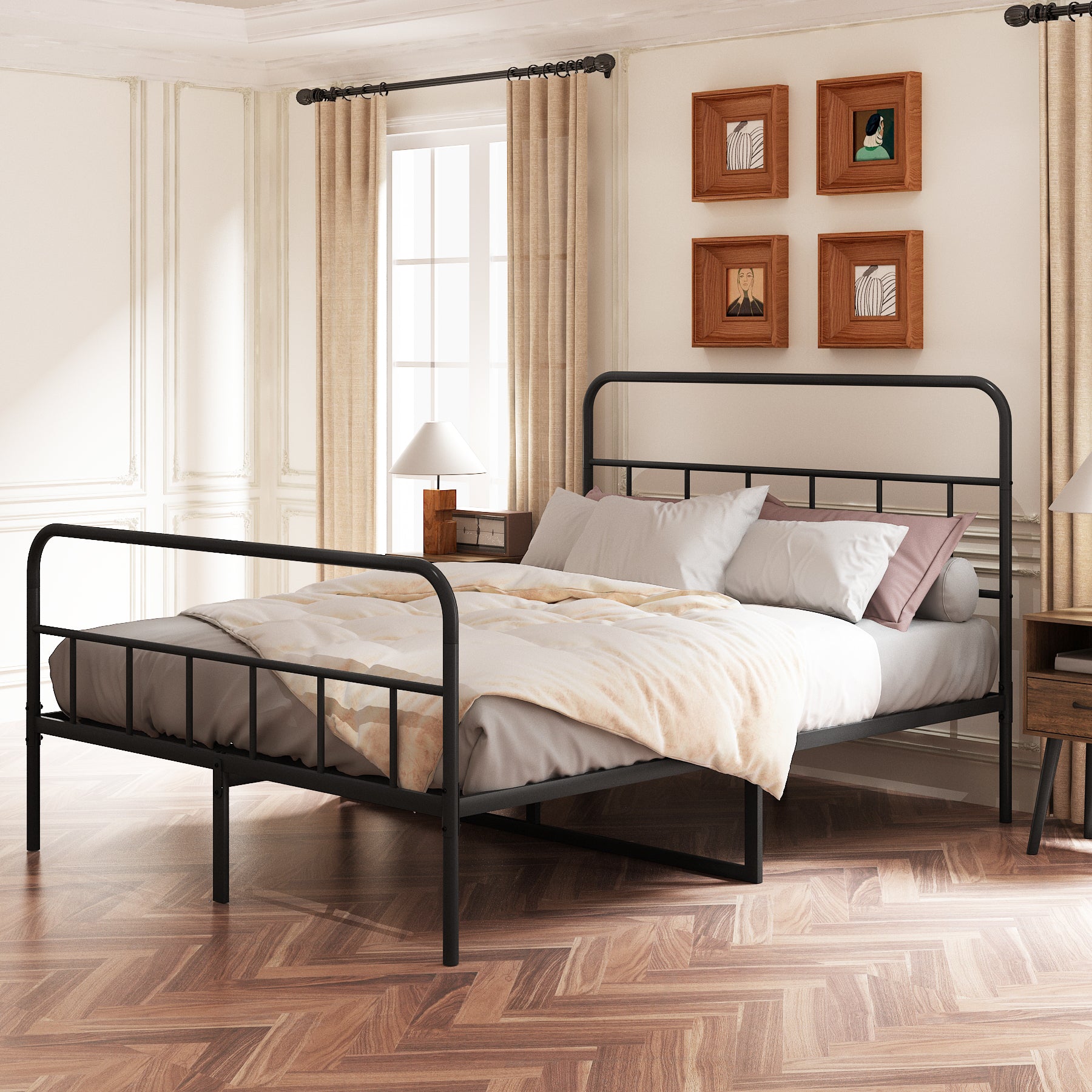 Minimalist black metal bed frame with rounded headboard and footboard