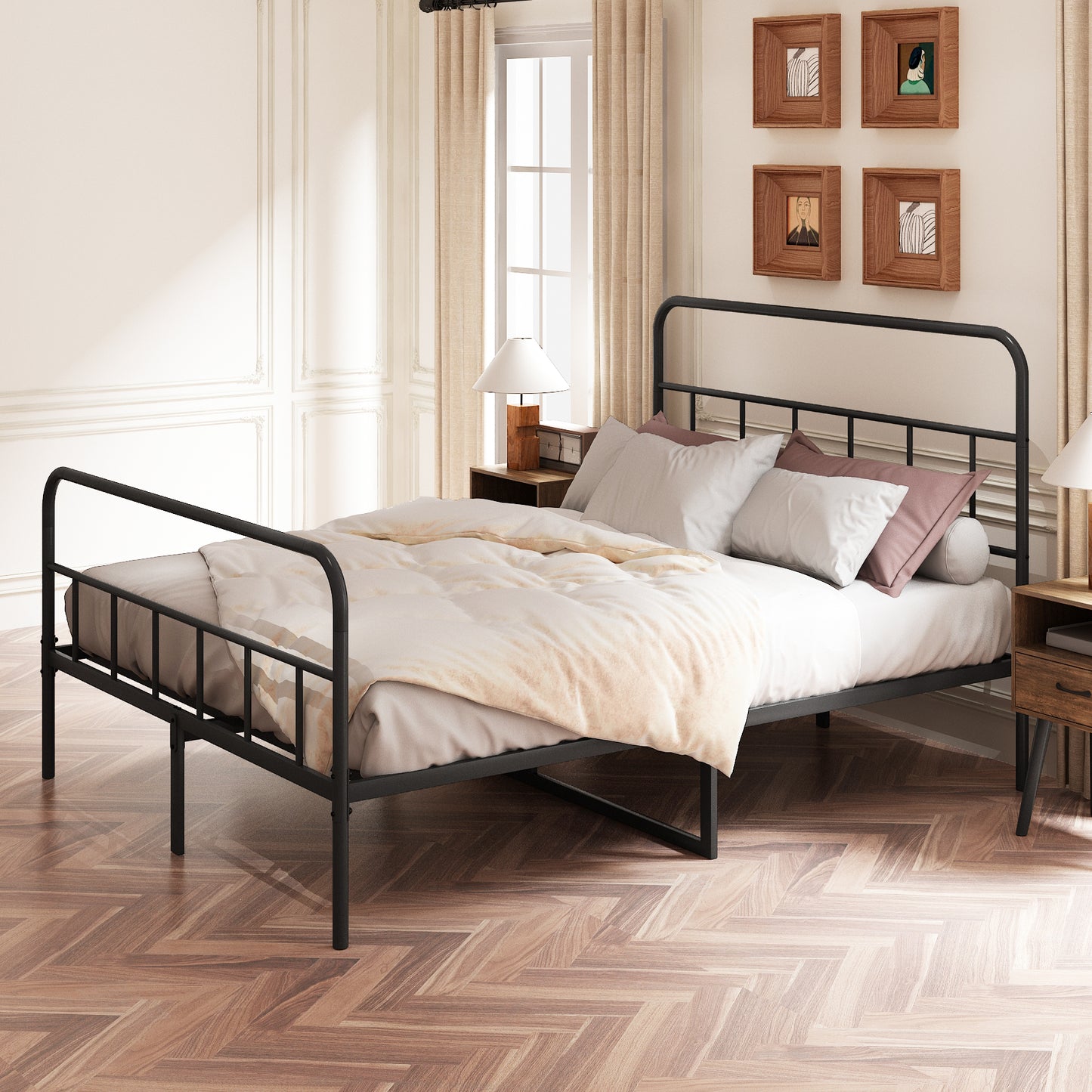Black metal full size bed frame with curved headboard