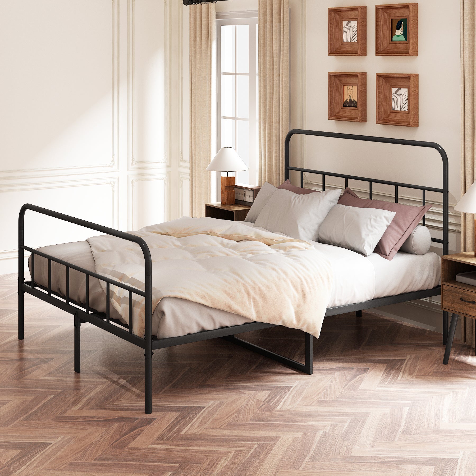 Black metal full size bed frame with curved headboard