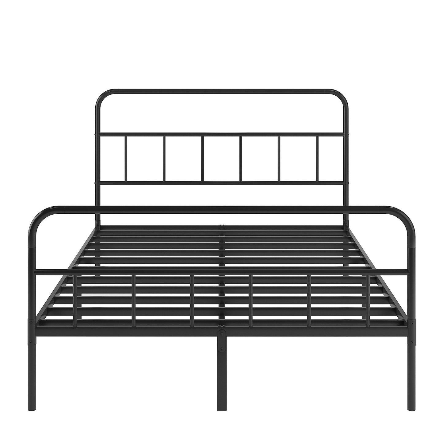 Black metal bed frame with curved headboard and footboard